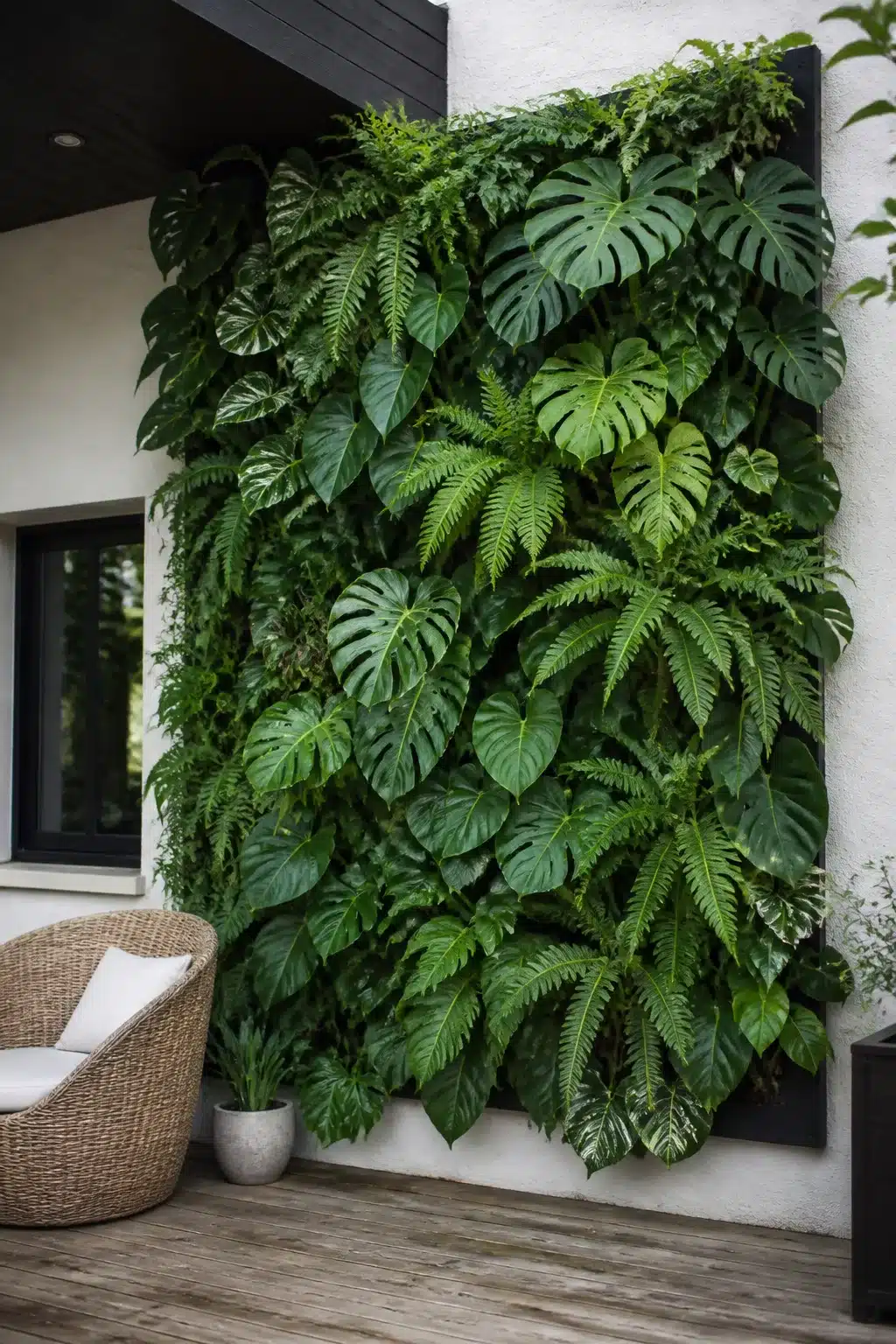 Tropical monstera and fern vertical garden wall on white render exterior — vertical garden walls idea