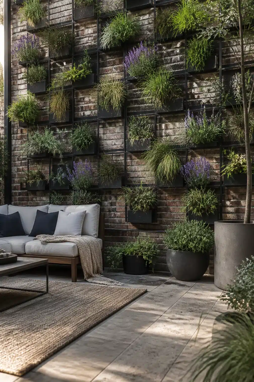 Black steel grid vertical garden wall with lavender and ornamental grasses on aged brick patio