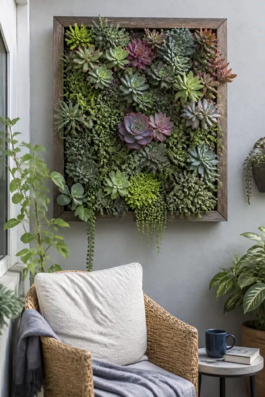 Framed wooden succulent vertical garden wall on a cozy balcony with wicker chair — Vertical Garden Walls idea
