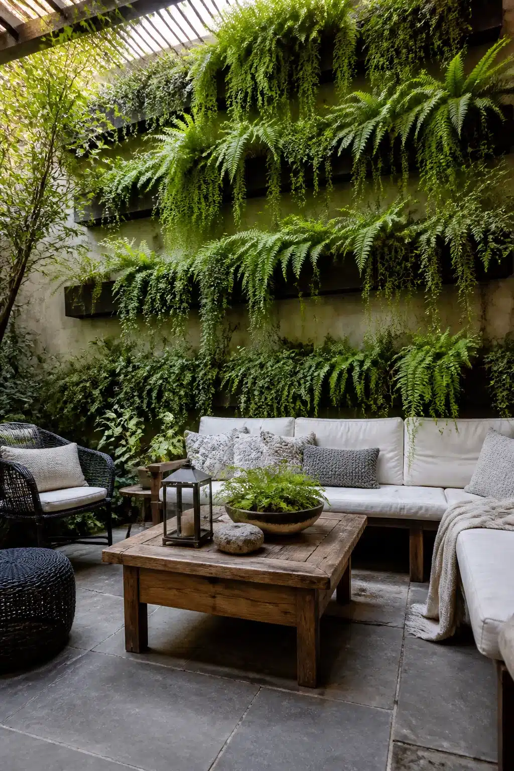 Cascading fern vertical garden wall with horizontal shelves above an outdoor seating area with stone tile flooring.