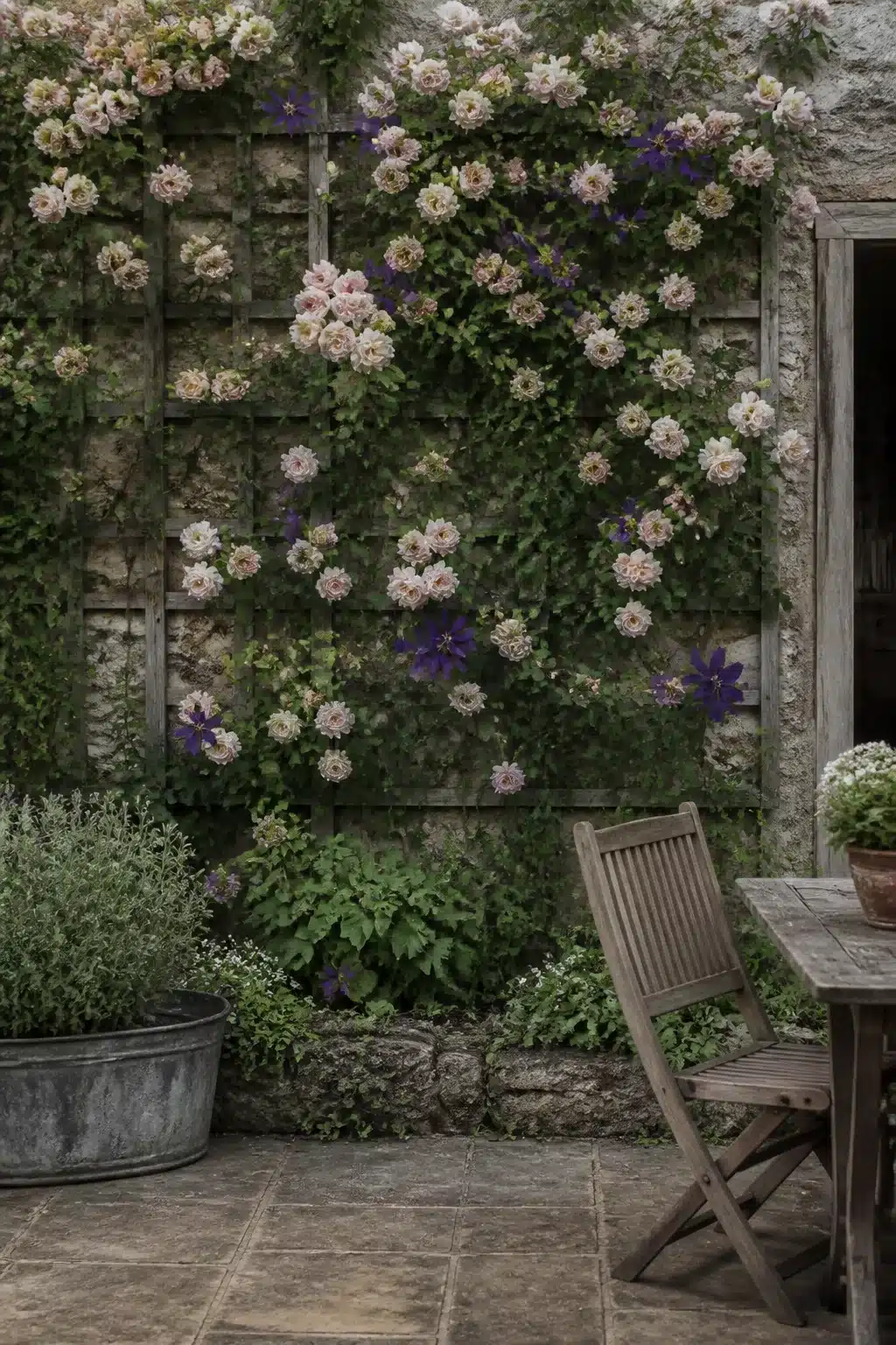 Climbing roses and clematis on a stone trellis — a vertical garden wall with living plants and cottage charm