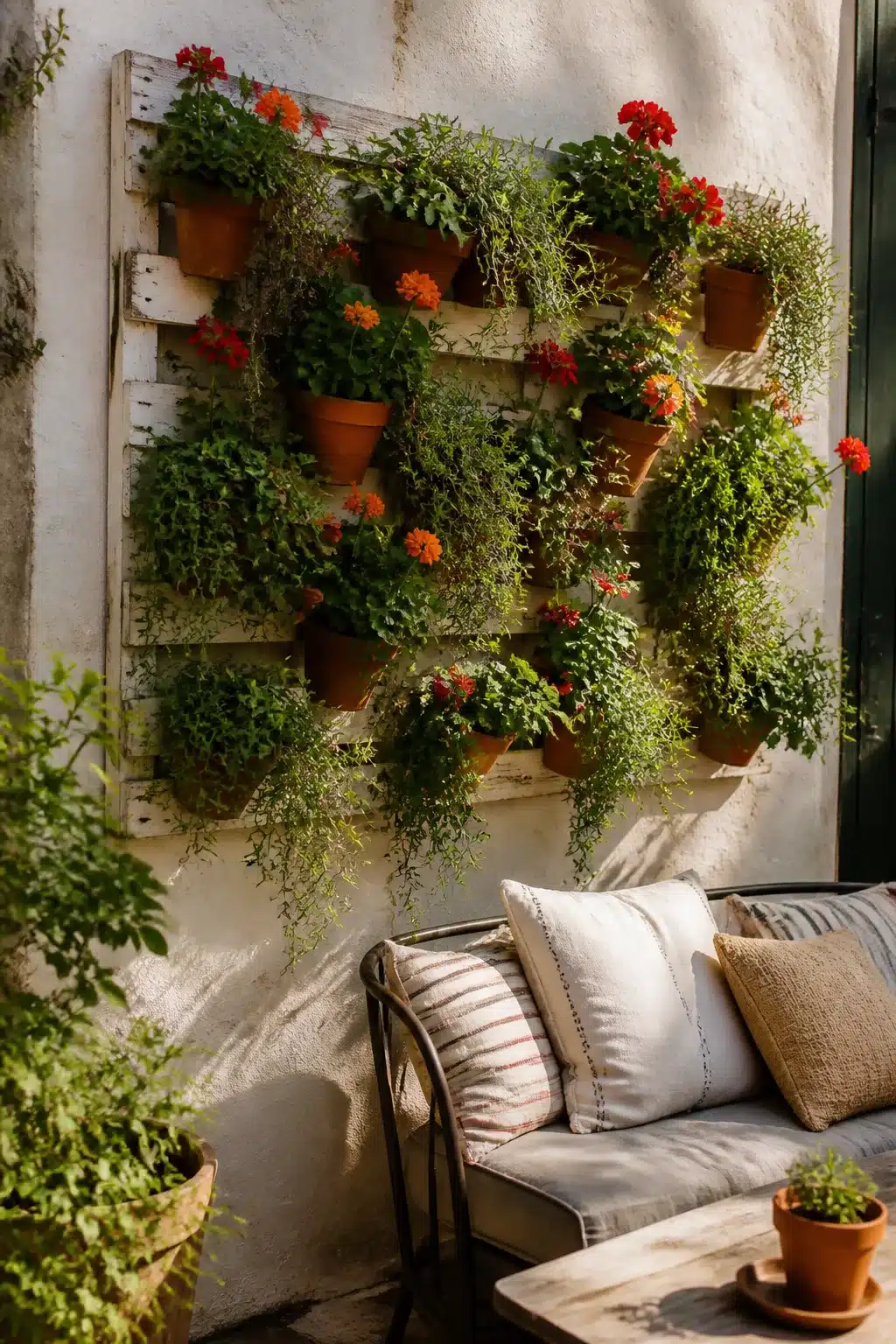 Terracotta pots on a whitewashed wood grid vertical garden wall with trailing plants and orange blooms