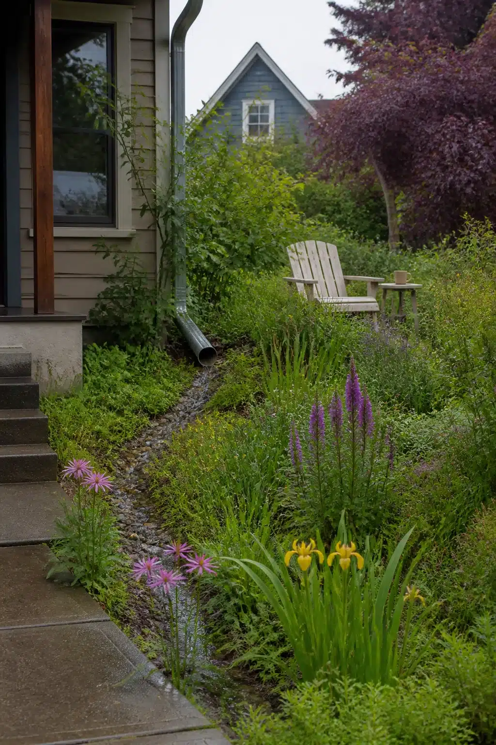 Gravel swale rain garden with native iris and liatris in a wildlife front garden naturalistic design