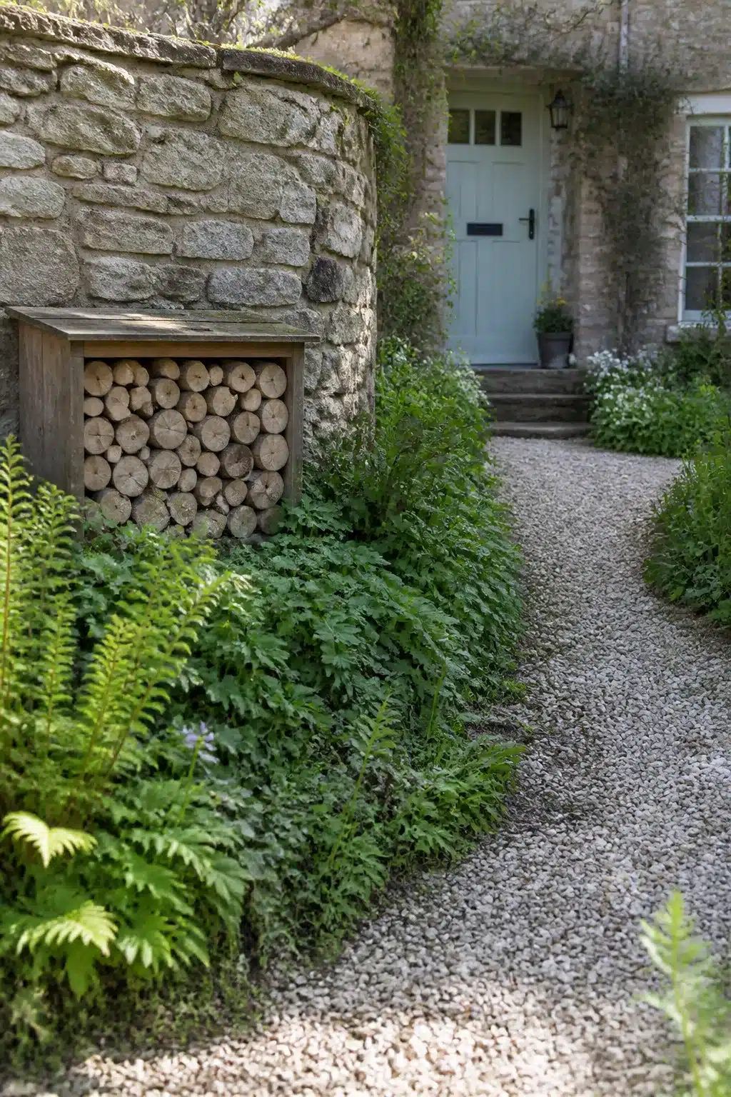 Wooden log store with fern planting beside a gravel path in a wildlife front garden with stone cottage backdrop.