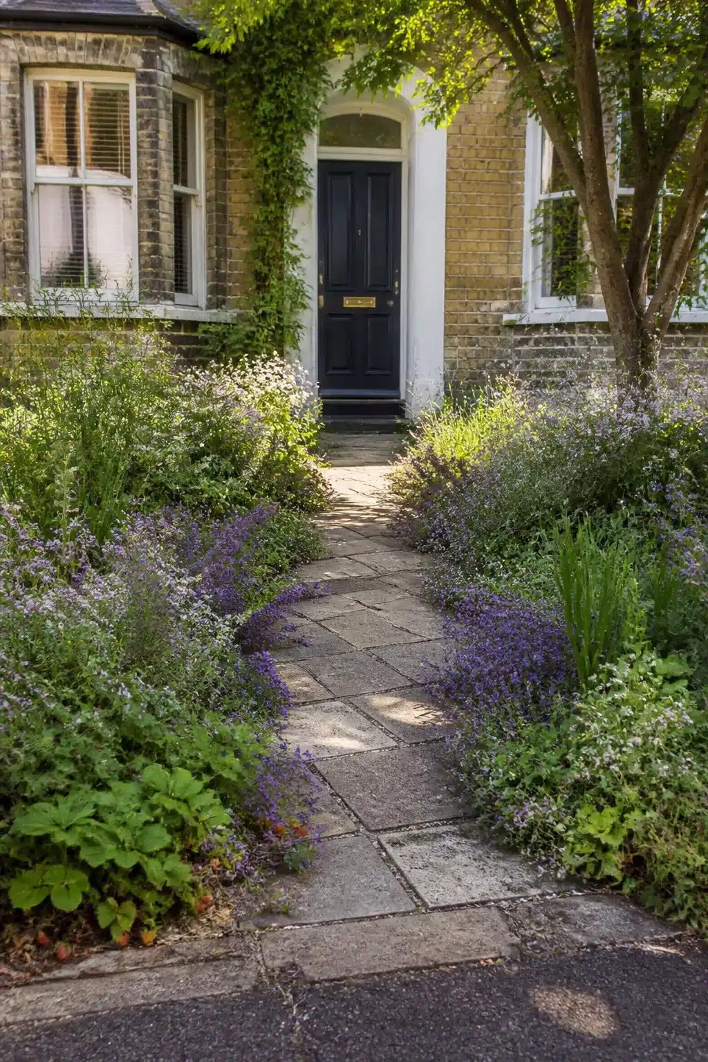 Catmint and stone slab path in a naturalistic wildlife front garden with dense pollinator planting