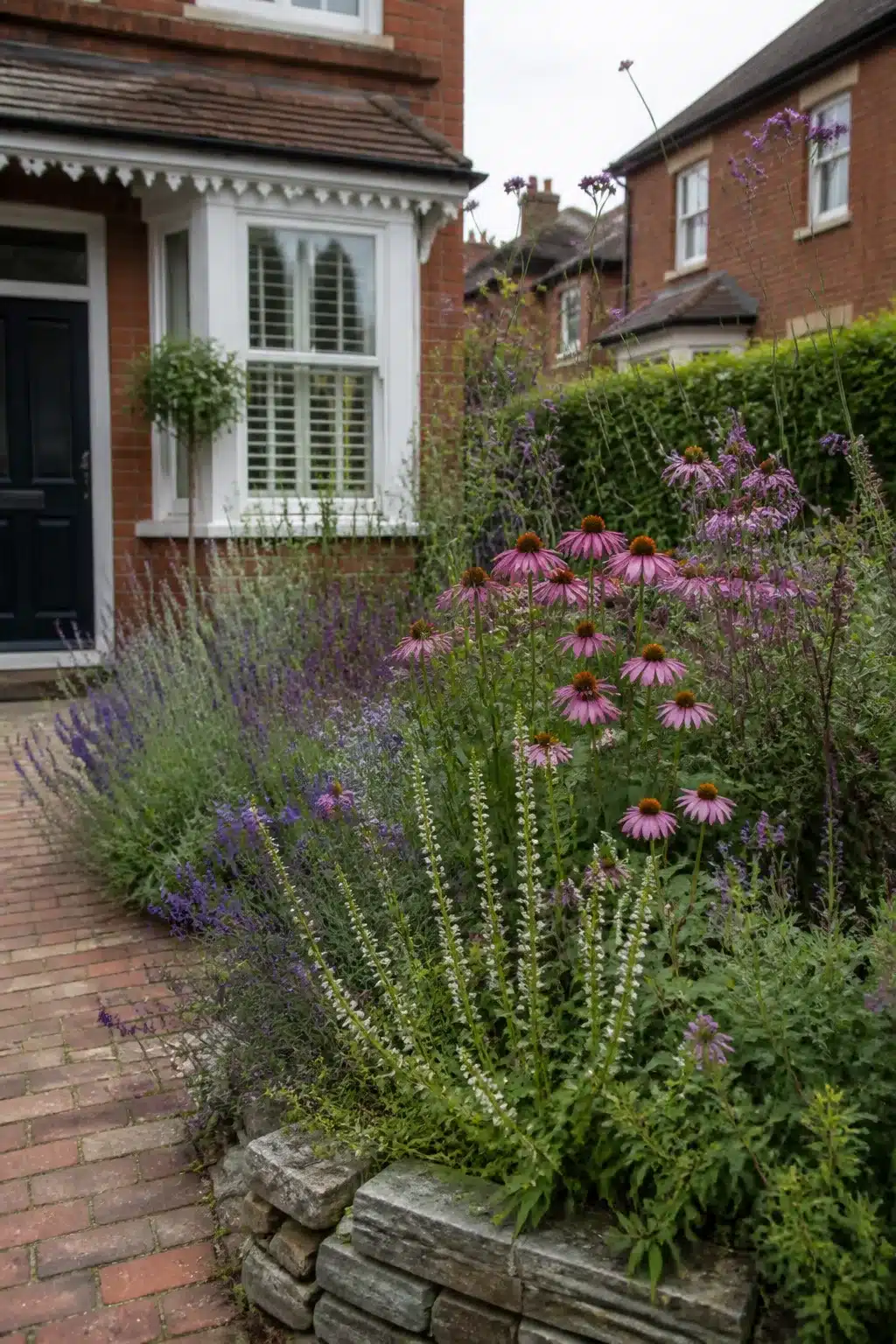 Wildlife front garden with echinacea, lavender and salvia pollinator border behind a dry-stone wall.