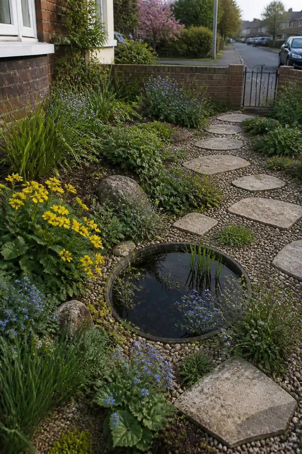 Round mini wildlife pond with pebble stepping stones in a naturalistic wildlife front garden planting scheme