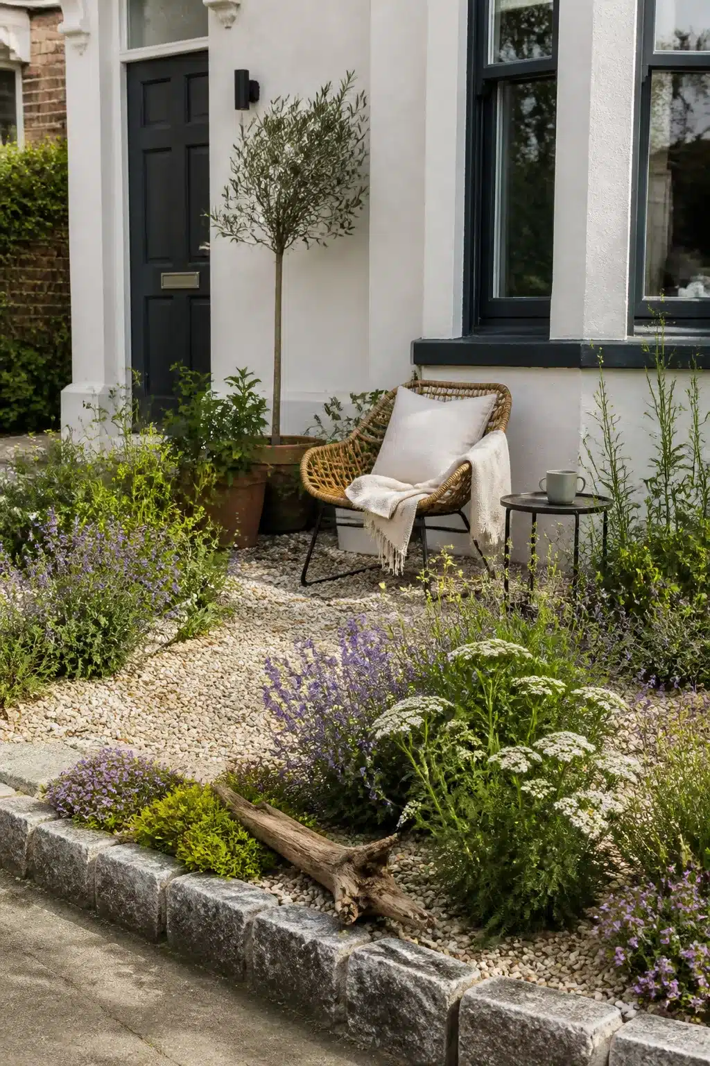 Wildlife front garden with gravel, lavender, catmint and rattan chair outside a white terraced house