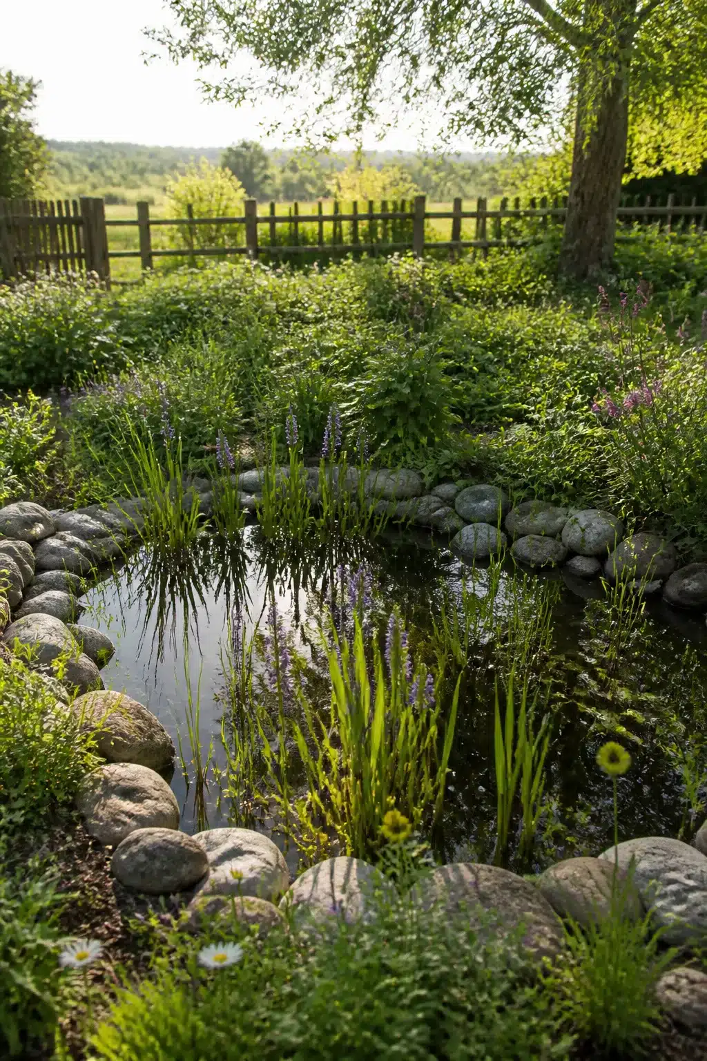 Boulder-edged backyard wildlife pond with aquatic grasses and natural planting — Wildlife Garden Ideas