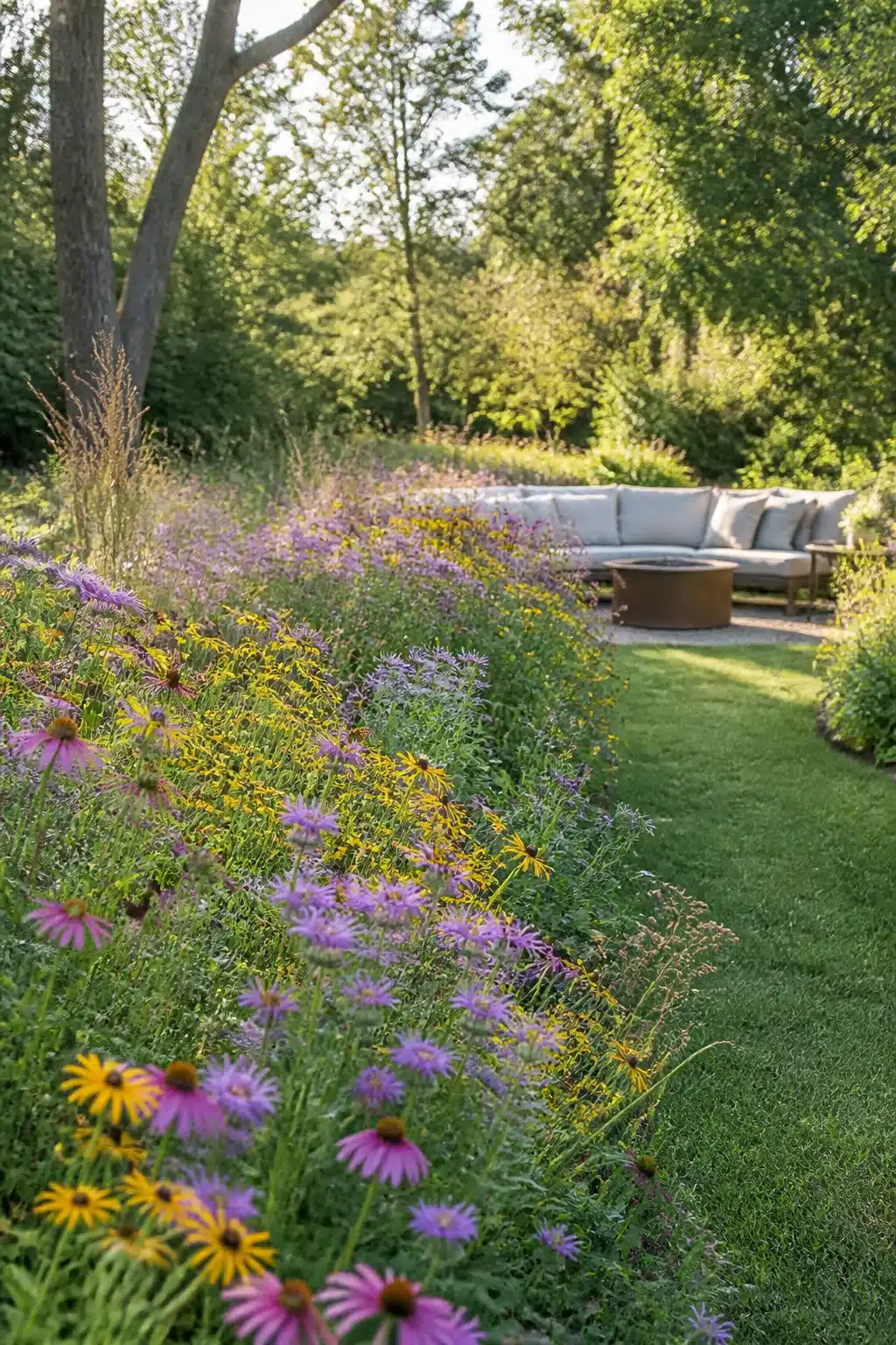Native wildflower meadow strip with coneflowers and black-eyed Susans — Wildlife Garden Ideas for natural planting