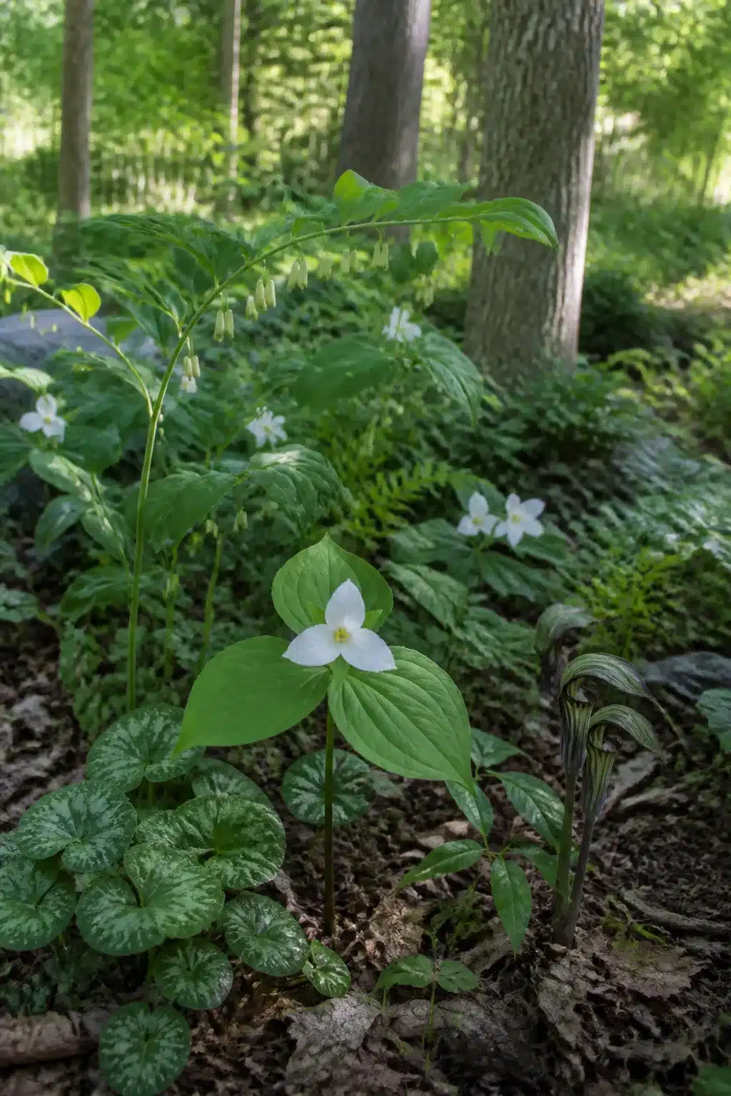 White trillium and woodland native plants in a shady wildlife garden — natural planting ideas for under trees
