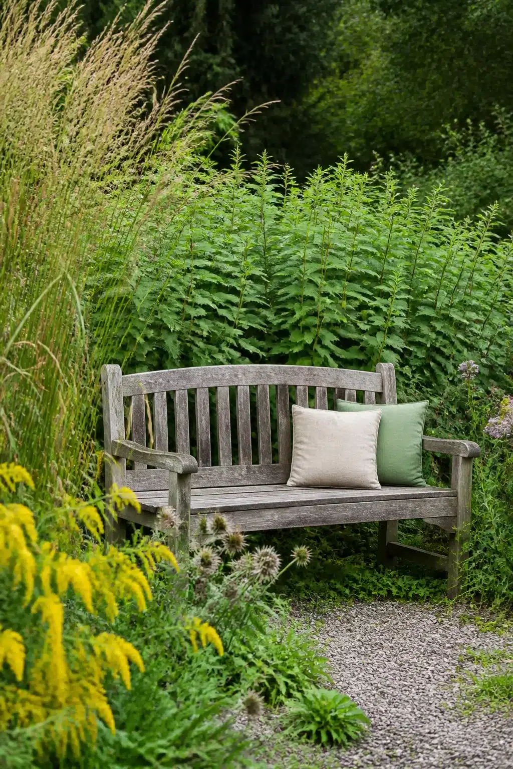 Weathered teak bench backed by nettles and grasses — wildlife garden ideas with natural planting.