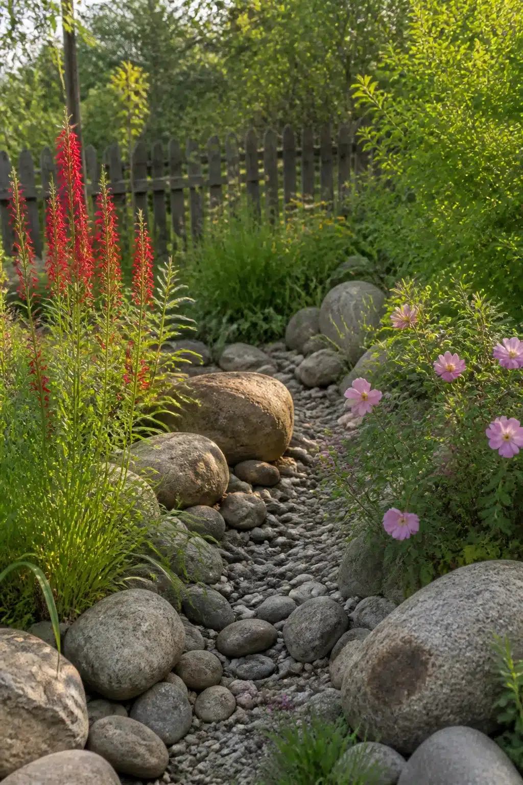 Dry stream bed with boulders, red cardinal flowers & pink cosmos — wildlife garden ideas for natural drainage planting
