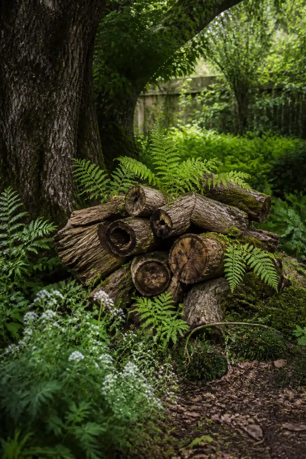 Mossy log pile surrounded by ferns in a shady wildlife garden corner — Wildlife Garden Ideas