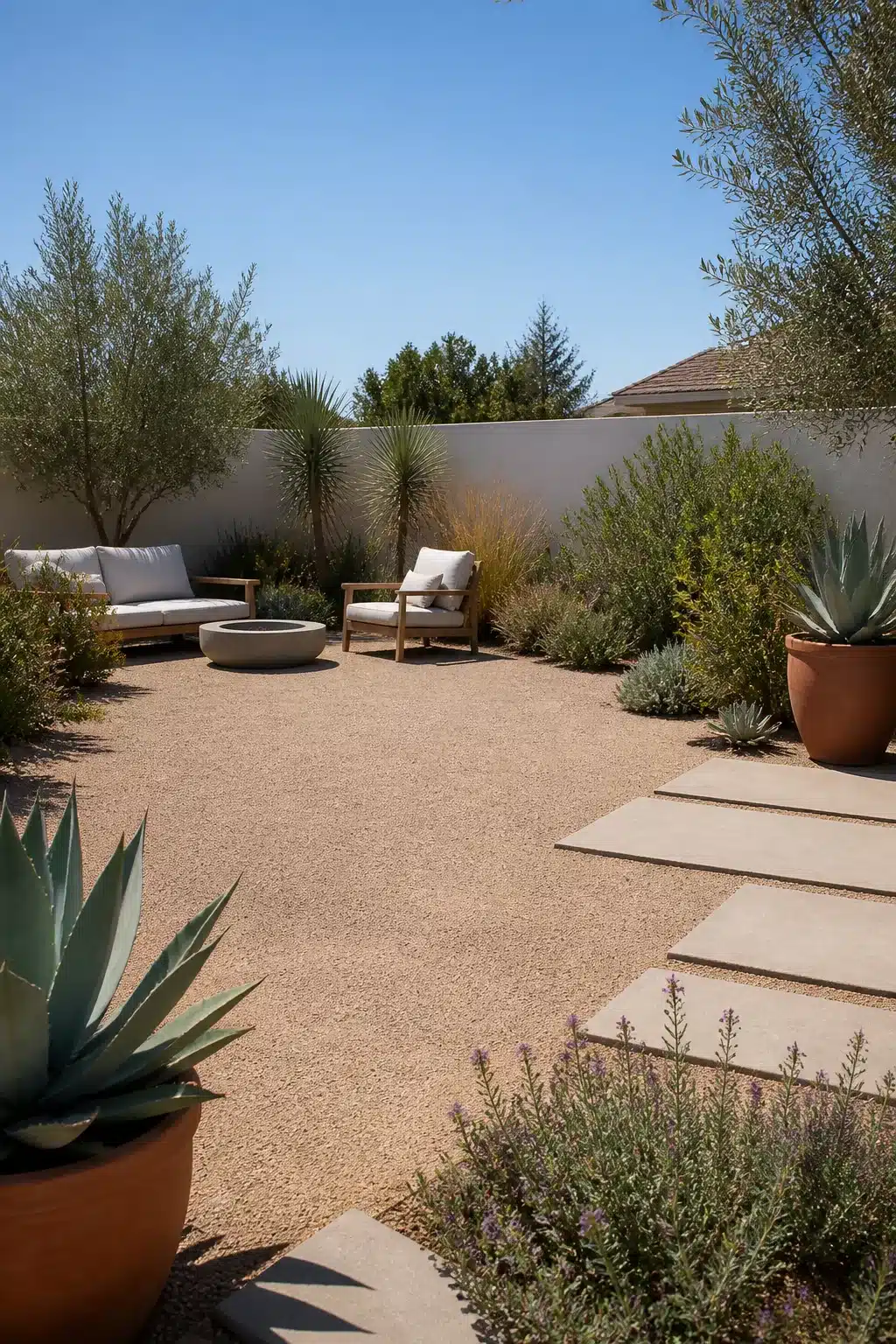 Xeriscape backyard with tan decomposed granite, terracotta pots, agave, olive trees, and a concrete fire bowl.