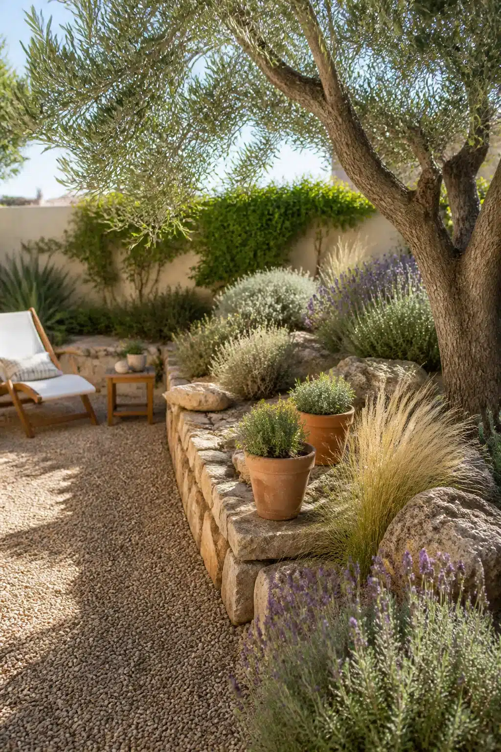Rustic stone retaining wall with olive tree, lavender, and feather grass in a Mediterranean xeriscape backyard
