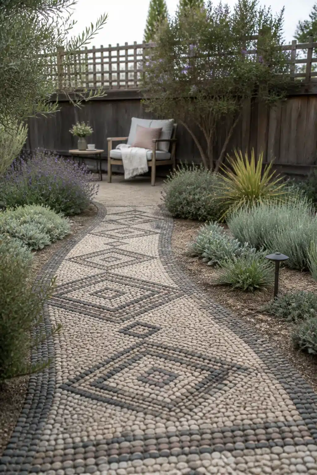 Pebble mosaic diamond path with drought-tolerant shrubs in a xeriscape backyard — design inspiration