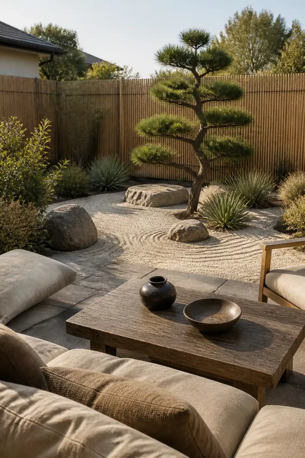 Zen xeriscape backyard with raked gravel, cloud-pruned pine, boulders, and drought-tolerant ornamental grasses.