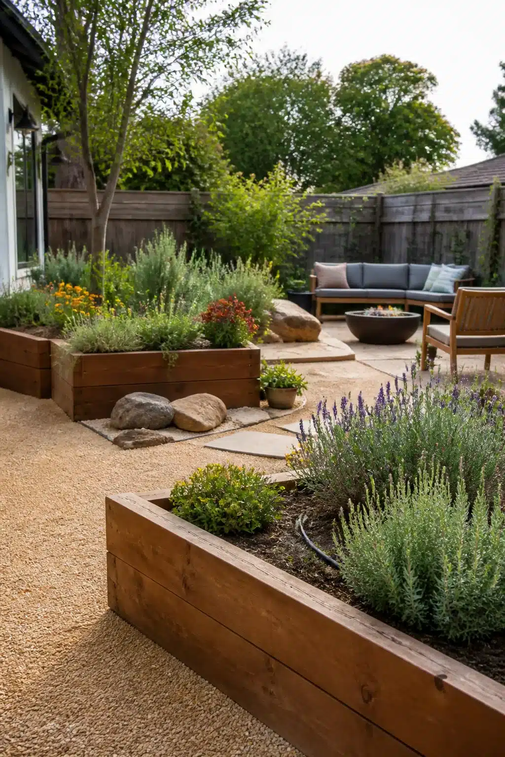 Cedar raised planter beds with lavender and gravel in a xeriscape backyard design