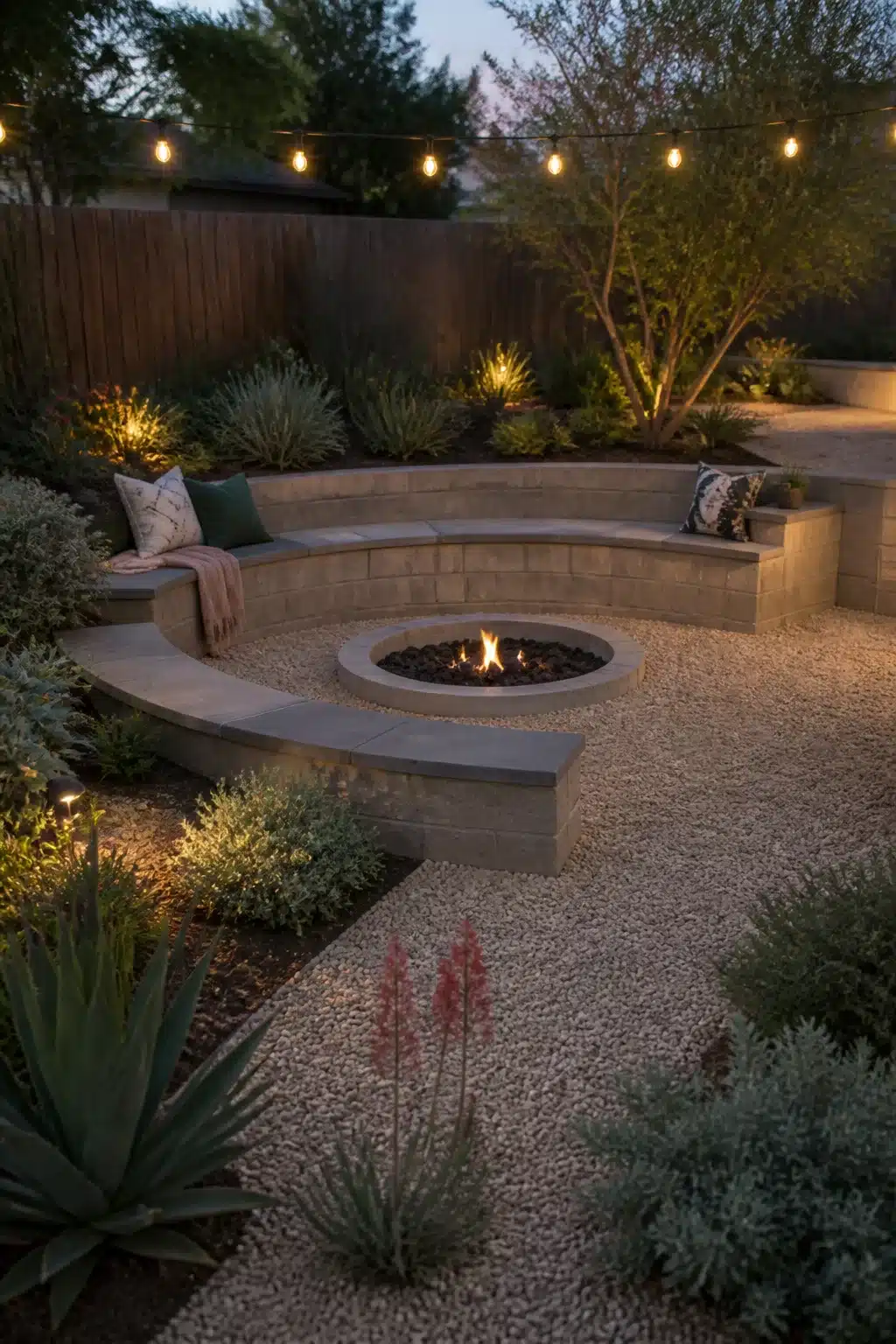 Curved concrete bench and round gas firepit in a xeriscape backyard with gravel and drought-tolerant plants