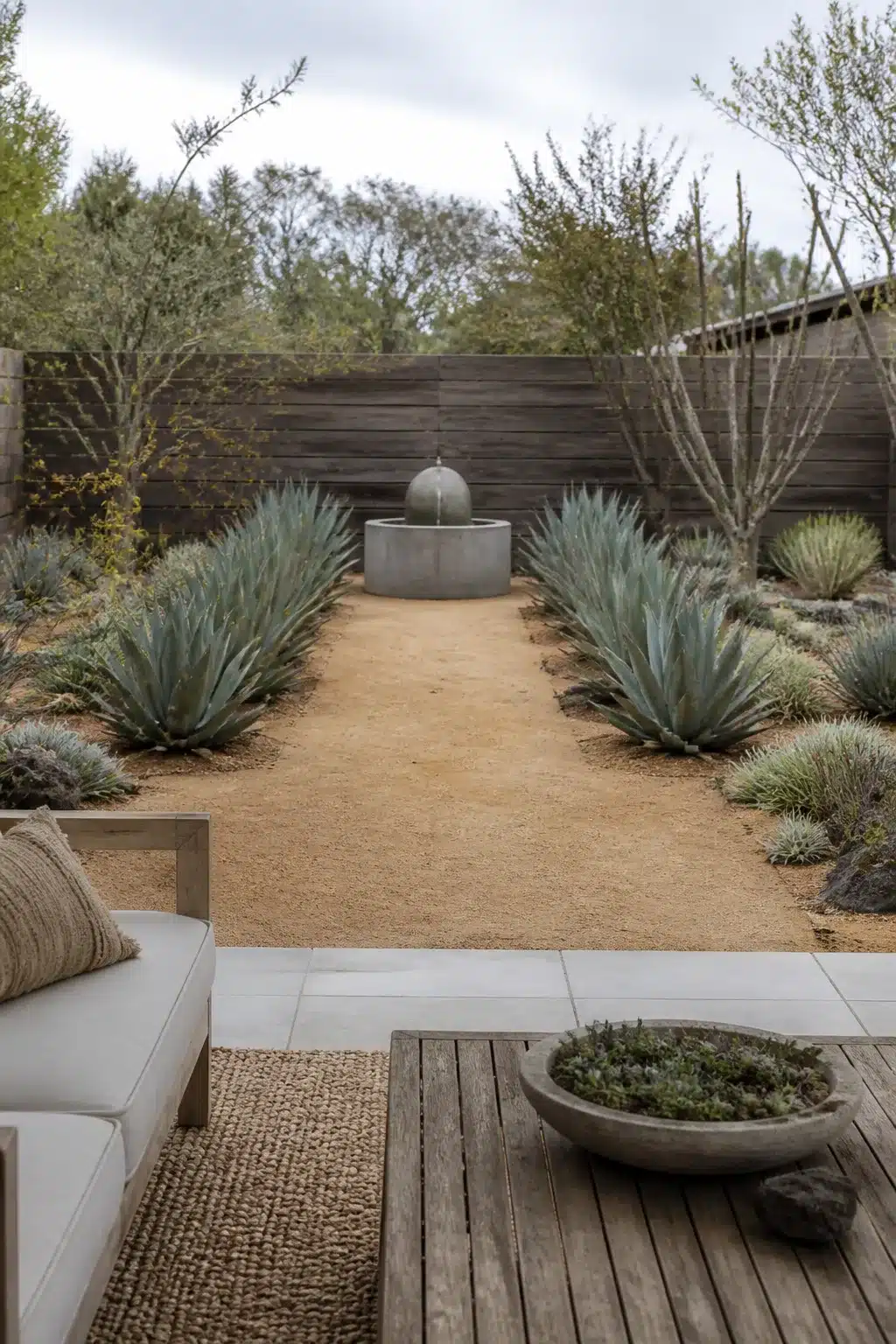 Formal xeriscape backyard with mirrored agave rows, decomposed granite path, and concrete sphere fountain — xeriscape backyards