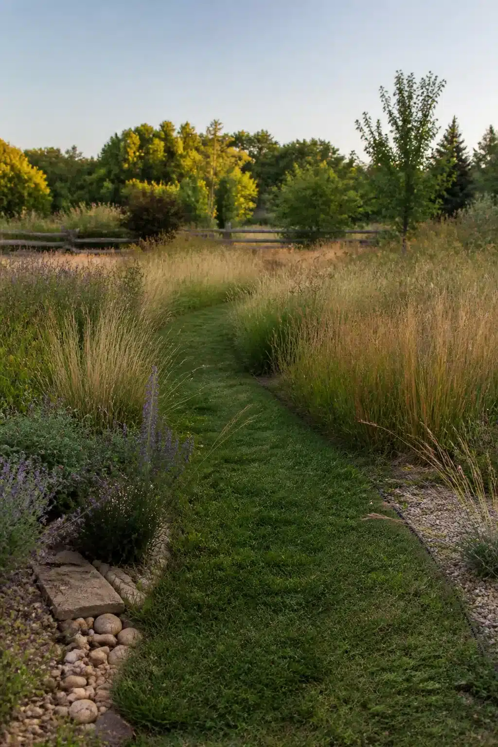 Mown grass path through native prairie meadow in a xeriscape backyard with drought-tolerant grasses and catmint