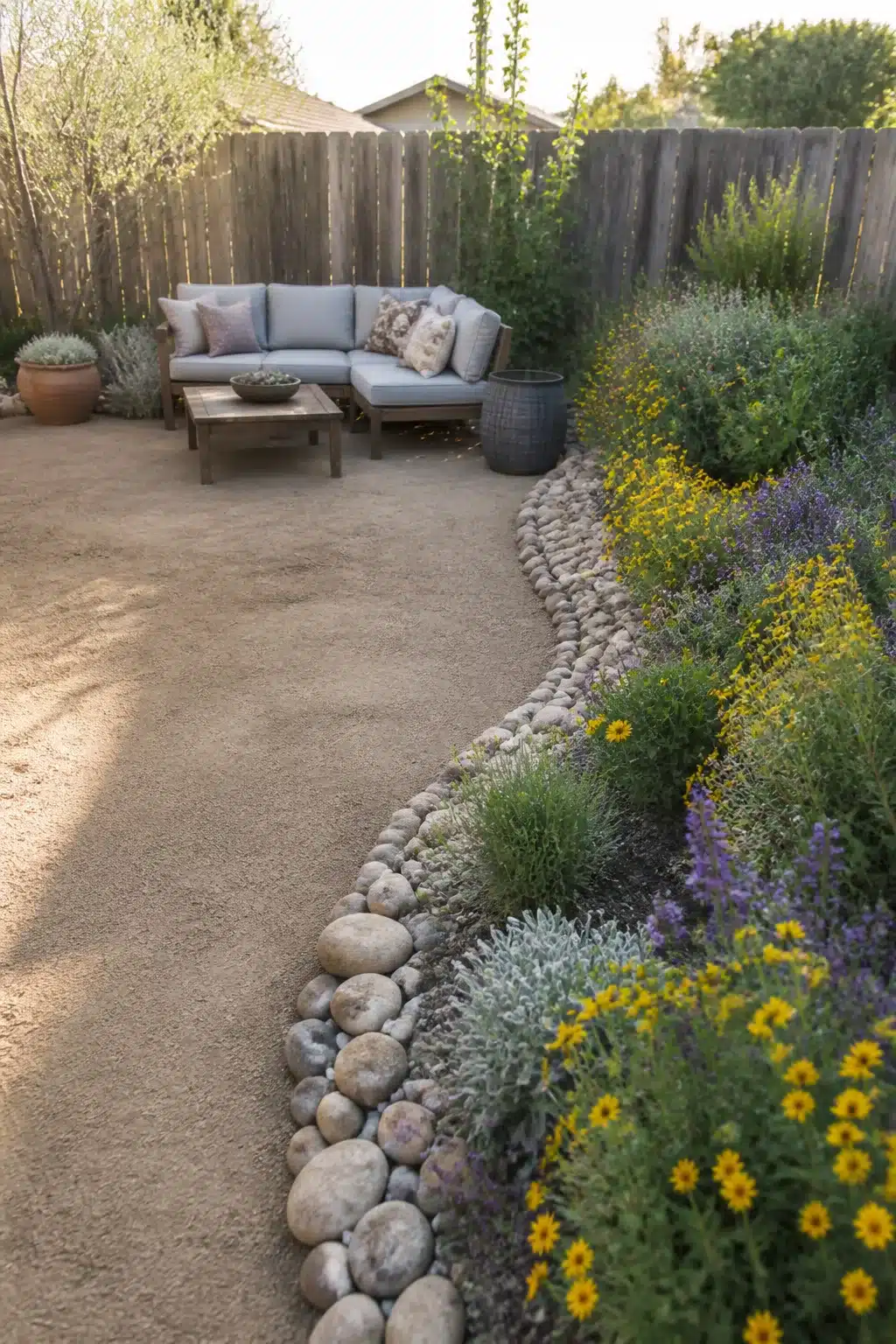 Xeriscape backyard with river rock border edging a layered wildflower bed of yellow and purple drought-tolerant plants.