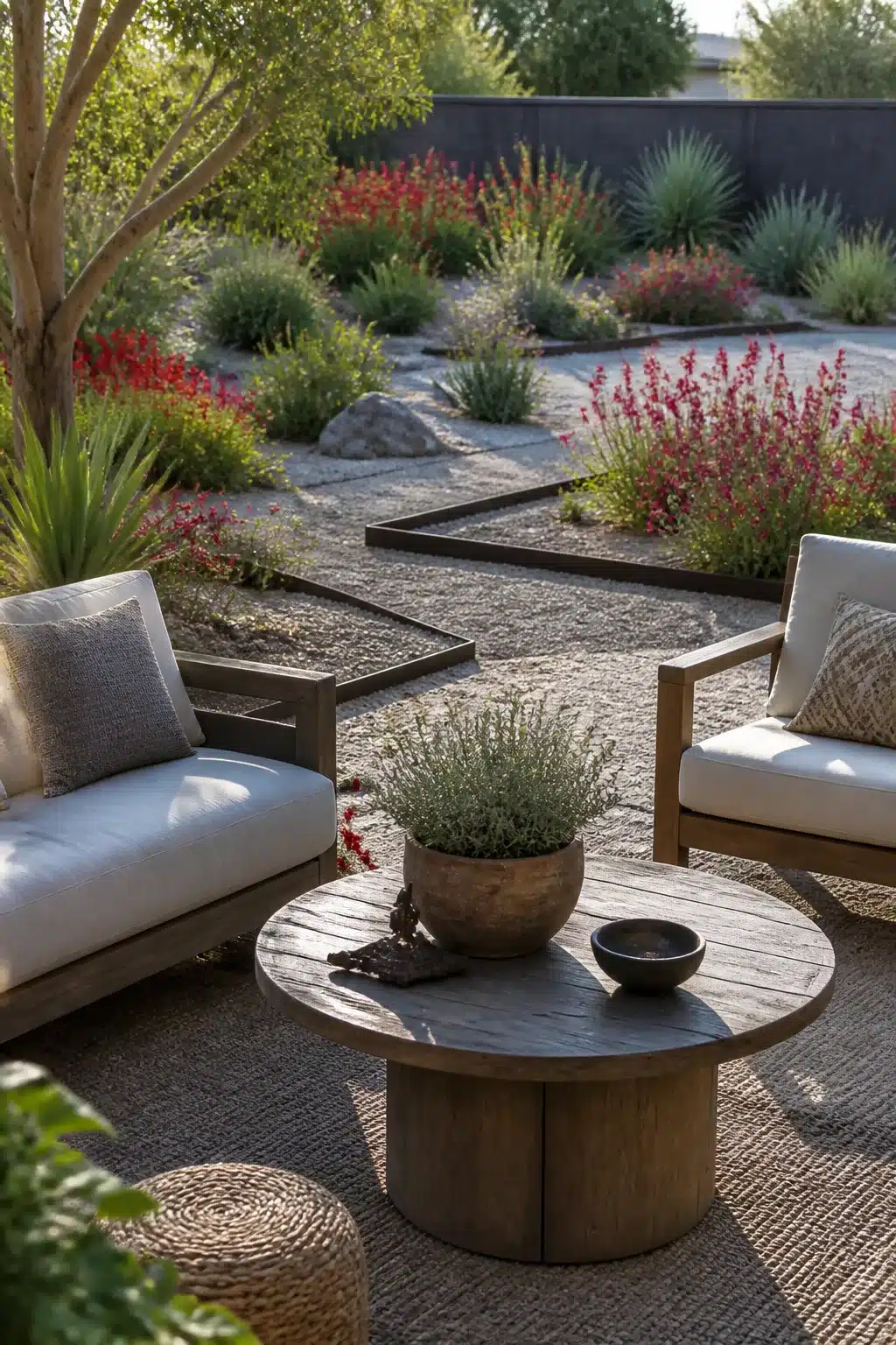 Xeriscape backyard with red salvia clusters, gray gravel beds, and wooden outdoor seating area
