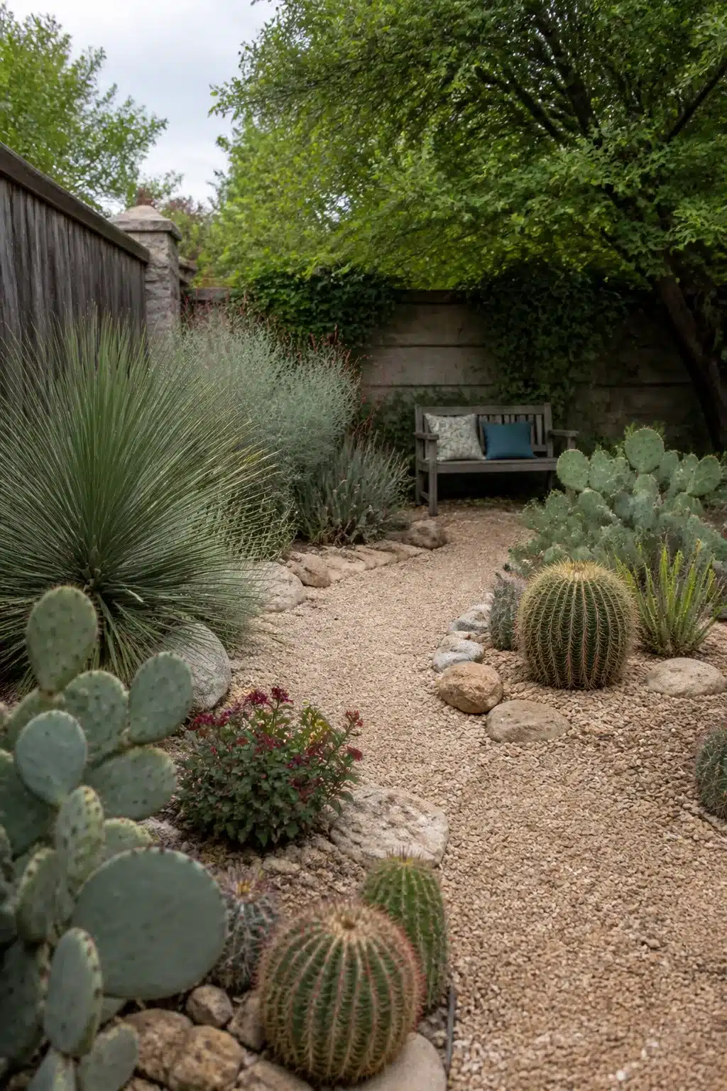 Crushed granite path with barrel cactus clusters in a drought-tolerant xeriscape backyard design.