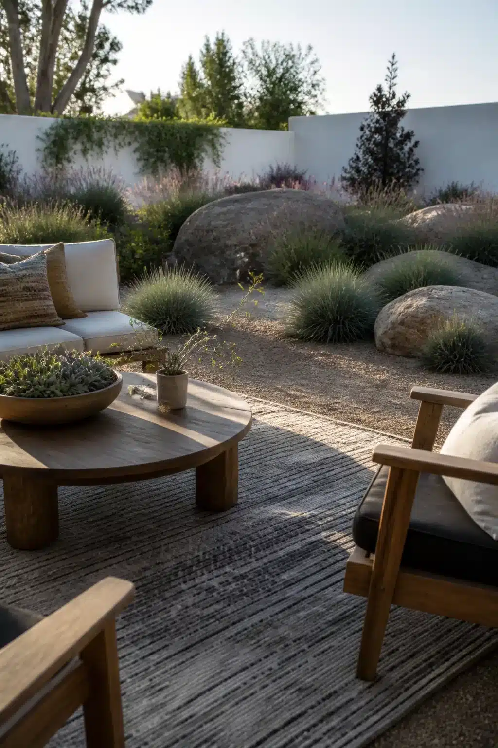 Xeriscape backyard with ornamental grass mounds, natural boulders, and teak outdoor seating on decomposed granite