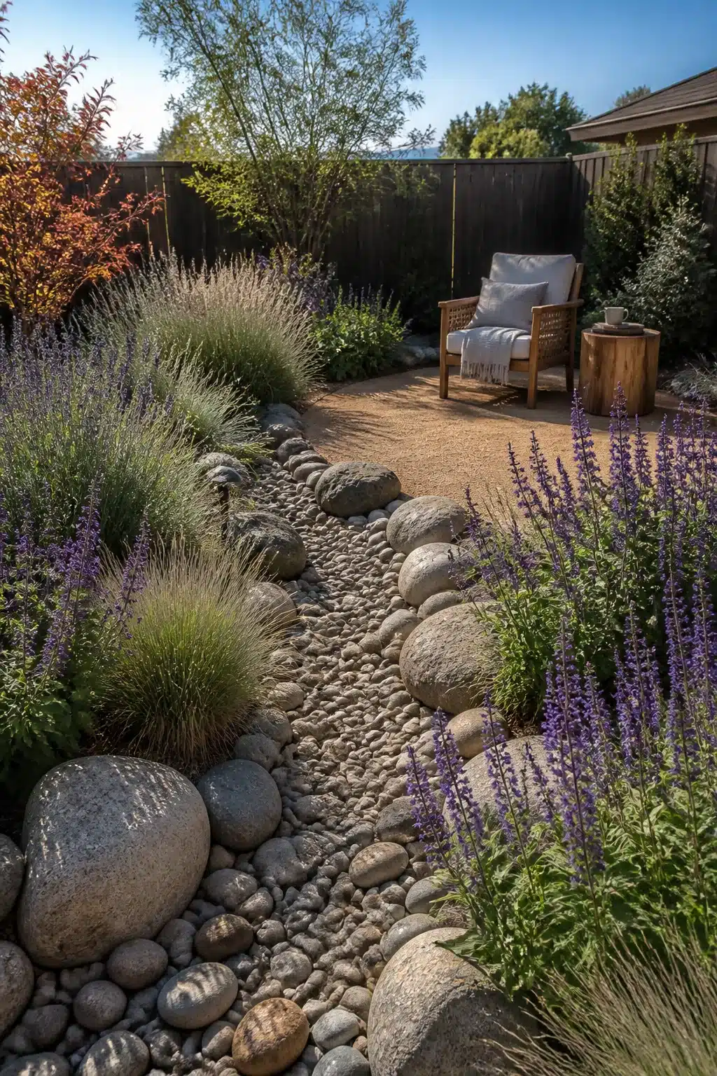 Dry creek bed with river rocks, purple salvia, and ornamental grasses in a xeriscape backyard design