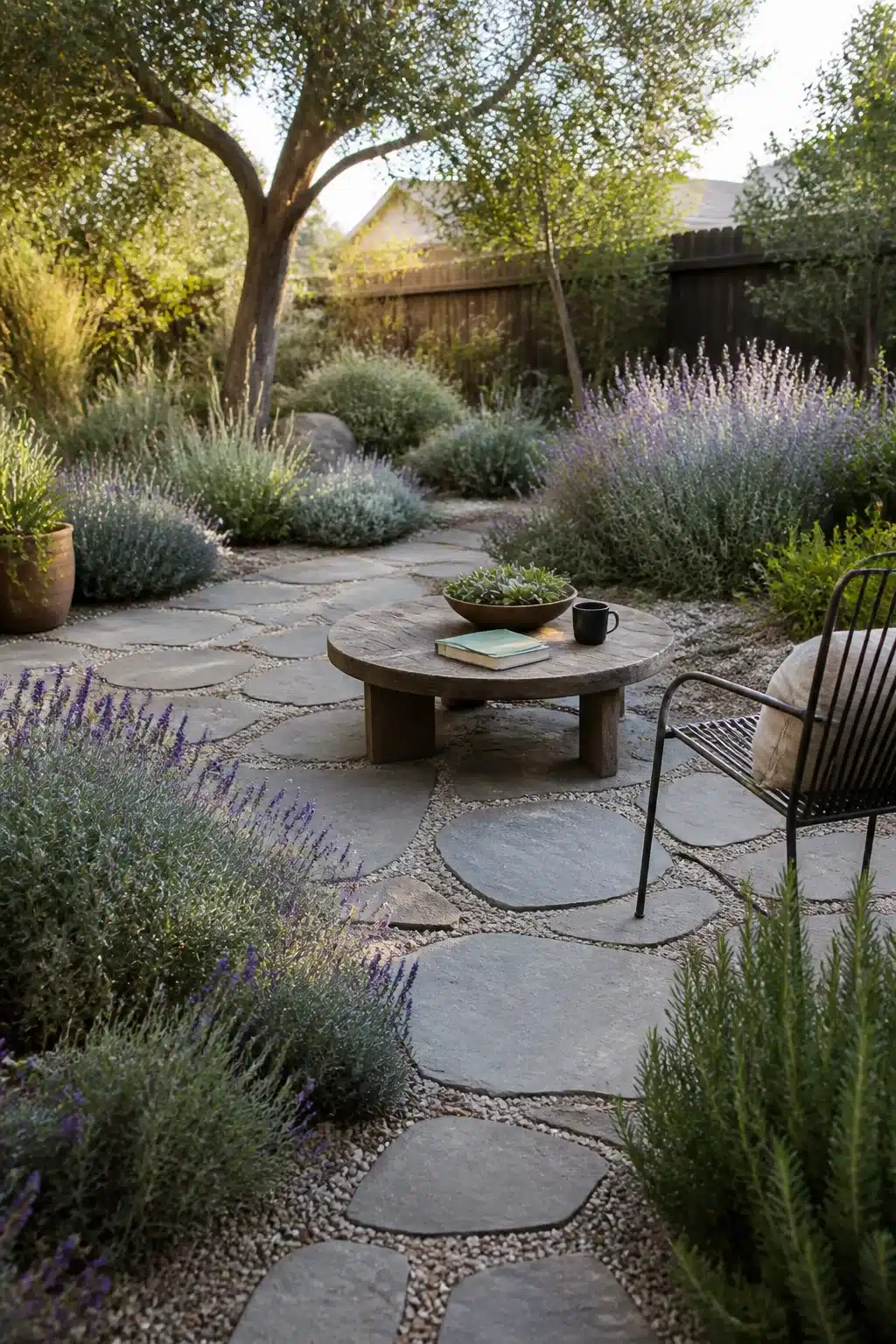 Xeriscape backyard with irregular flagstone patio, lavender borders, and gravel gaps between pavers.