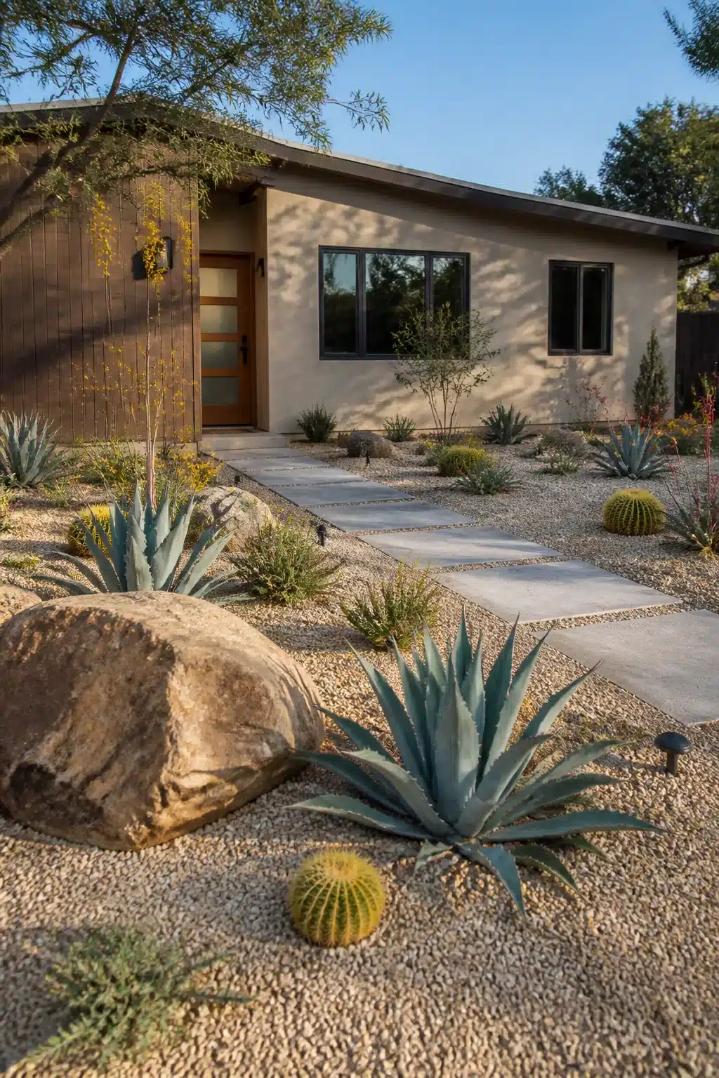 Xeriscape front yard with blue agave, golden barrel cactus, and decomposed granite gravel path to front door.