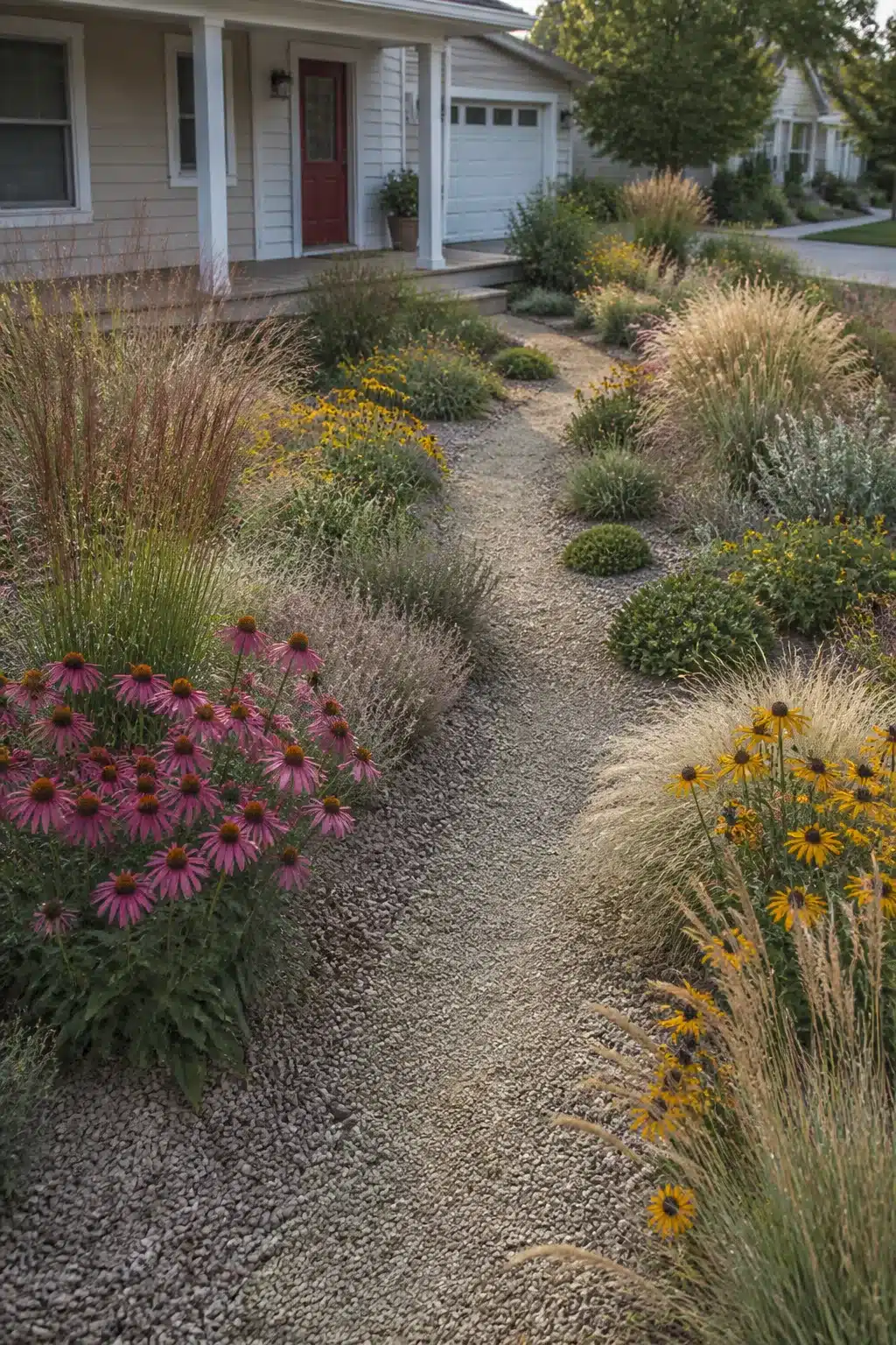 Xeriscape front yard with coneflowers, black-eyed Susans, prairie grasses, and a gravel path — drought-tolerant planting