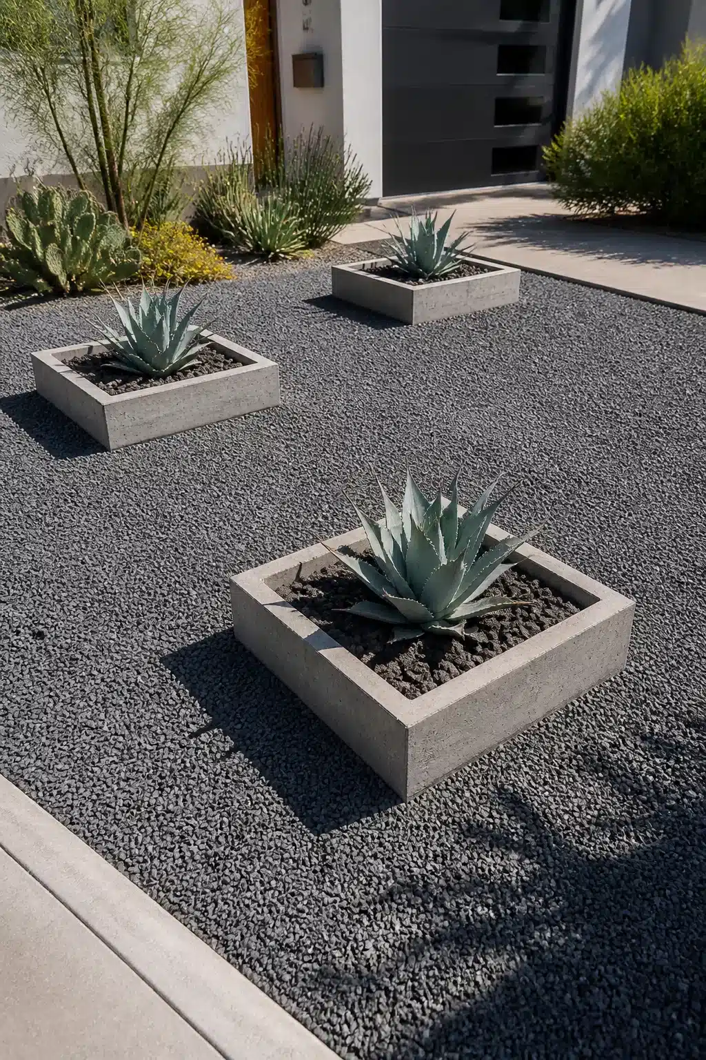 Modern xeriscape front yard with concrete square planters, blue agave, and dark lava rock gravel.