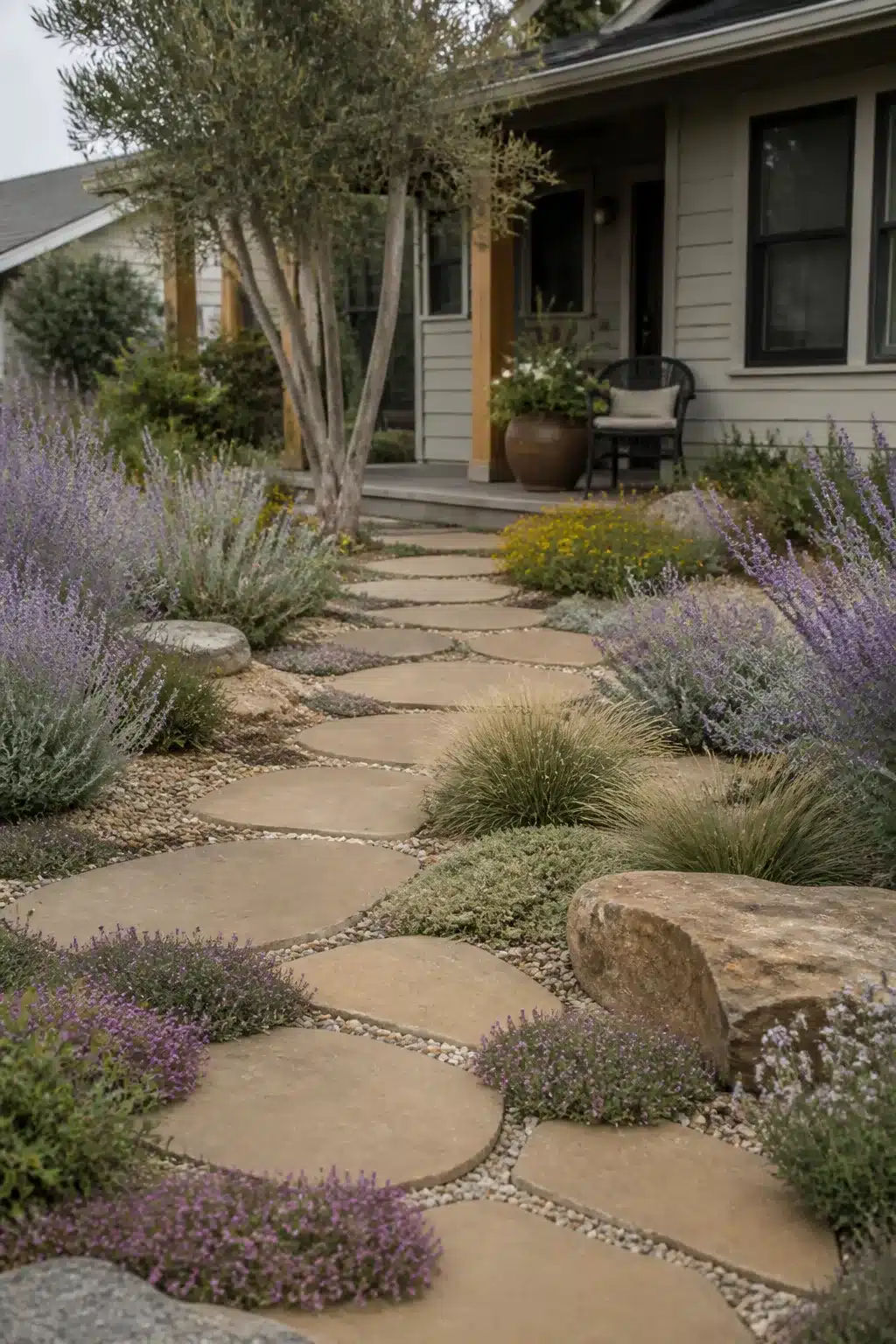 Xeriscape front yard with flagstone path, Russian sage, ornamental grass, and gravel mulch borders.