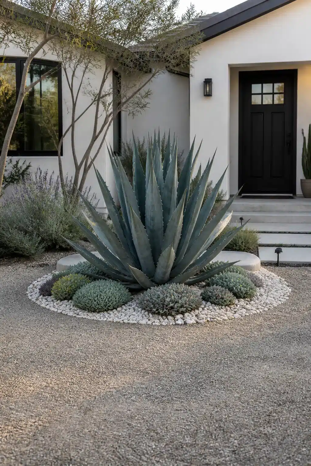 Xeriscape front yard with giant blue agave focal point, white pebble border, and mounding succulents in gravel.