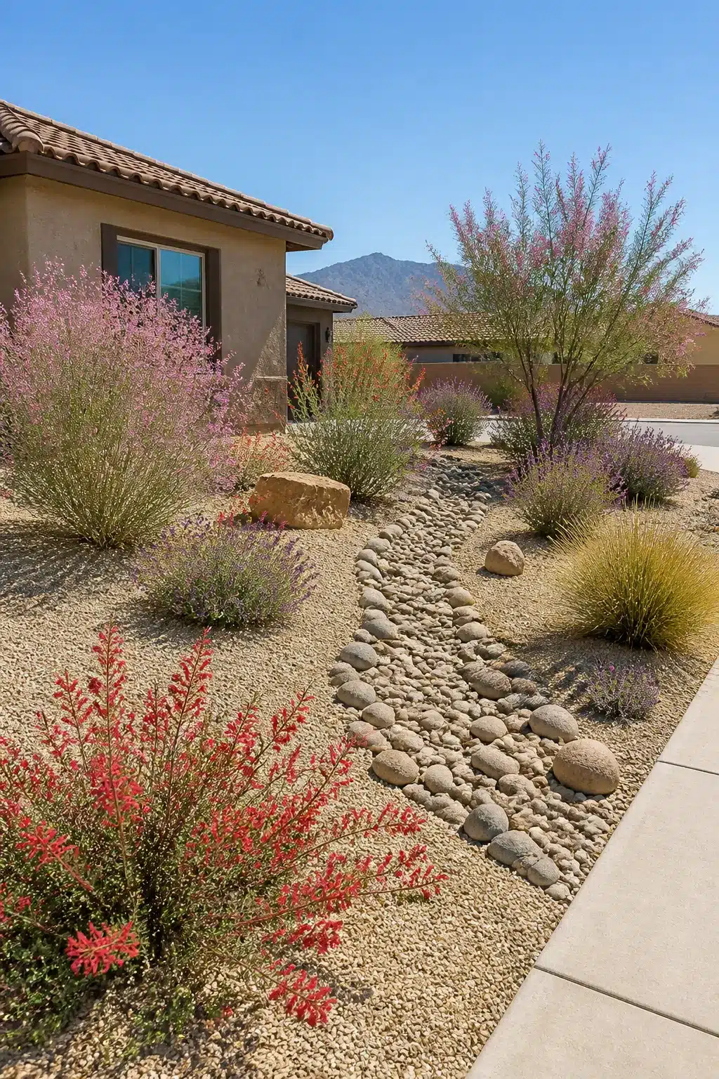 Xeriscape front yard with a river rock dry creek bed, pink blooming shrubs, and drought-tolerant desert plants