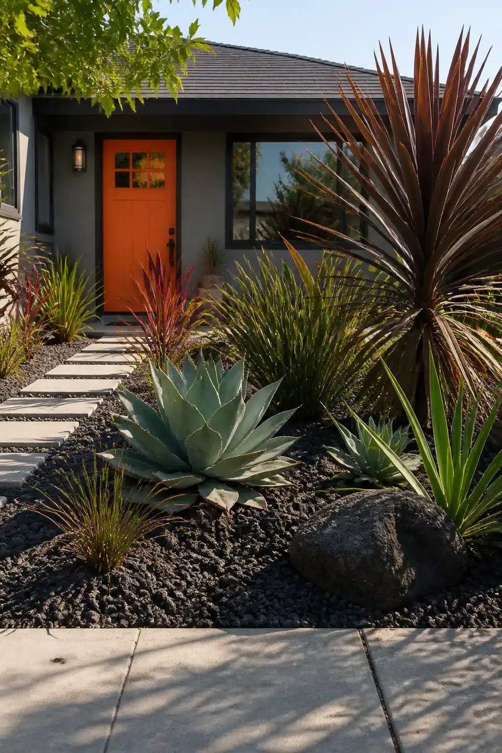 Xeriscape front yard with black lava rock, blue agave, burgundy cordyline, and an orange front door.