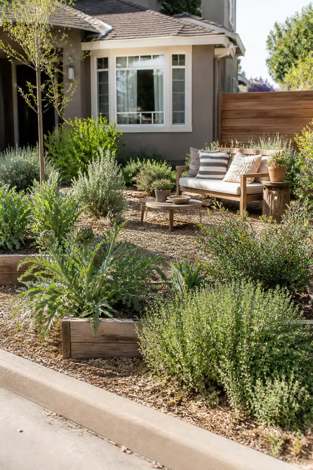 Edible xeriscape front yard with artichoke raised beds, herb plantings, and wood chip mulch in a drought-tolerant design.