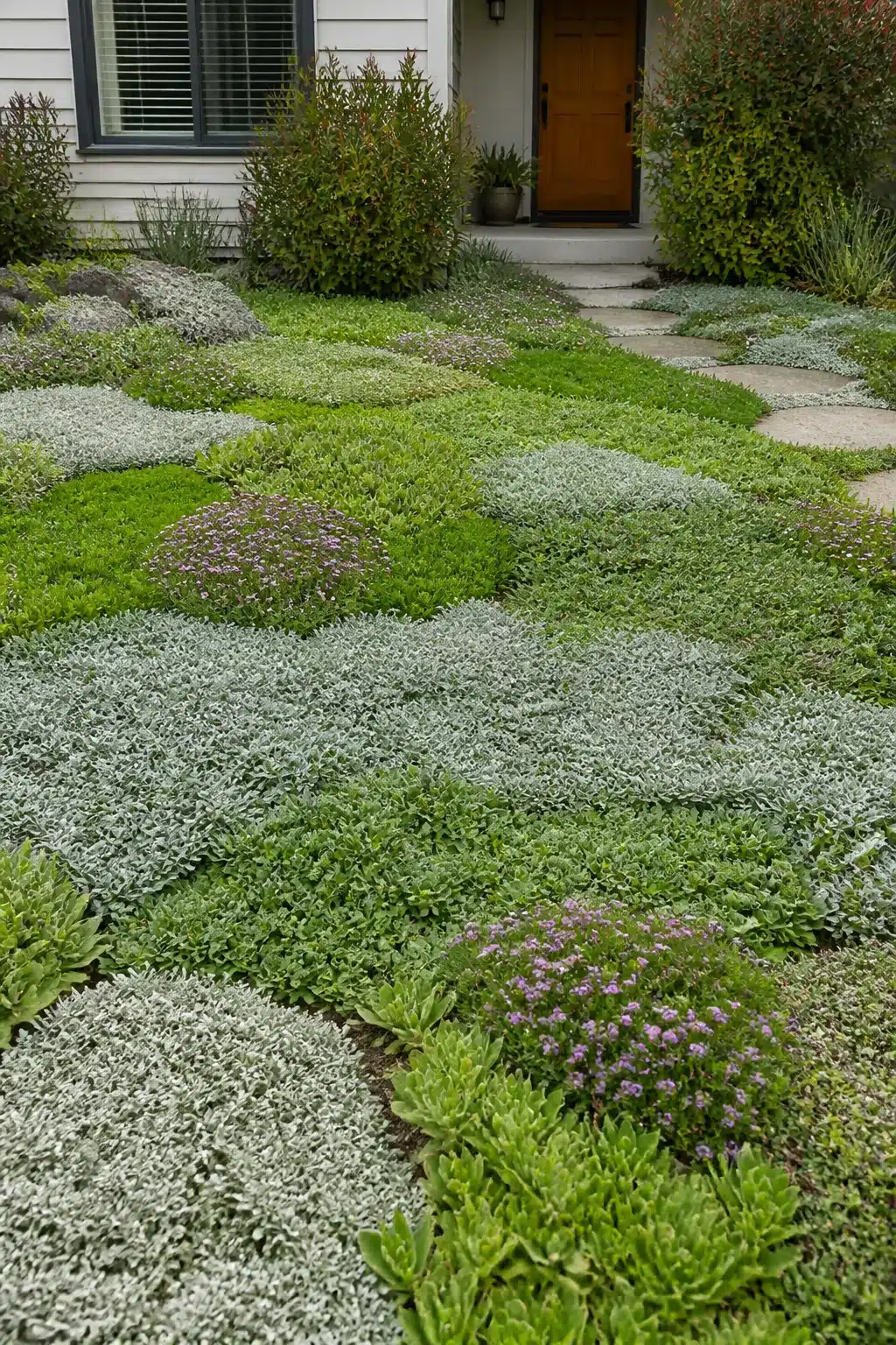 Xeriscape front yard with silver dusty miller, creeping thyme, and green groundcover patchwork replacing lawn.