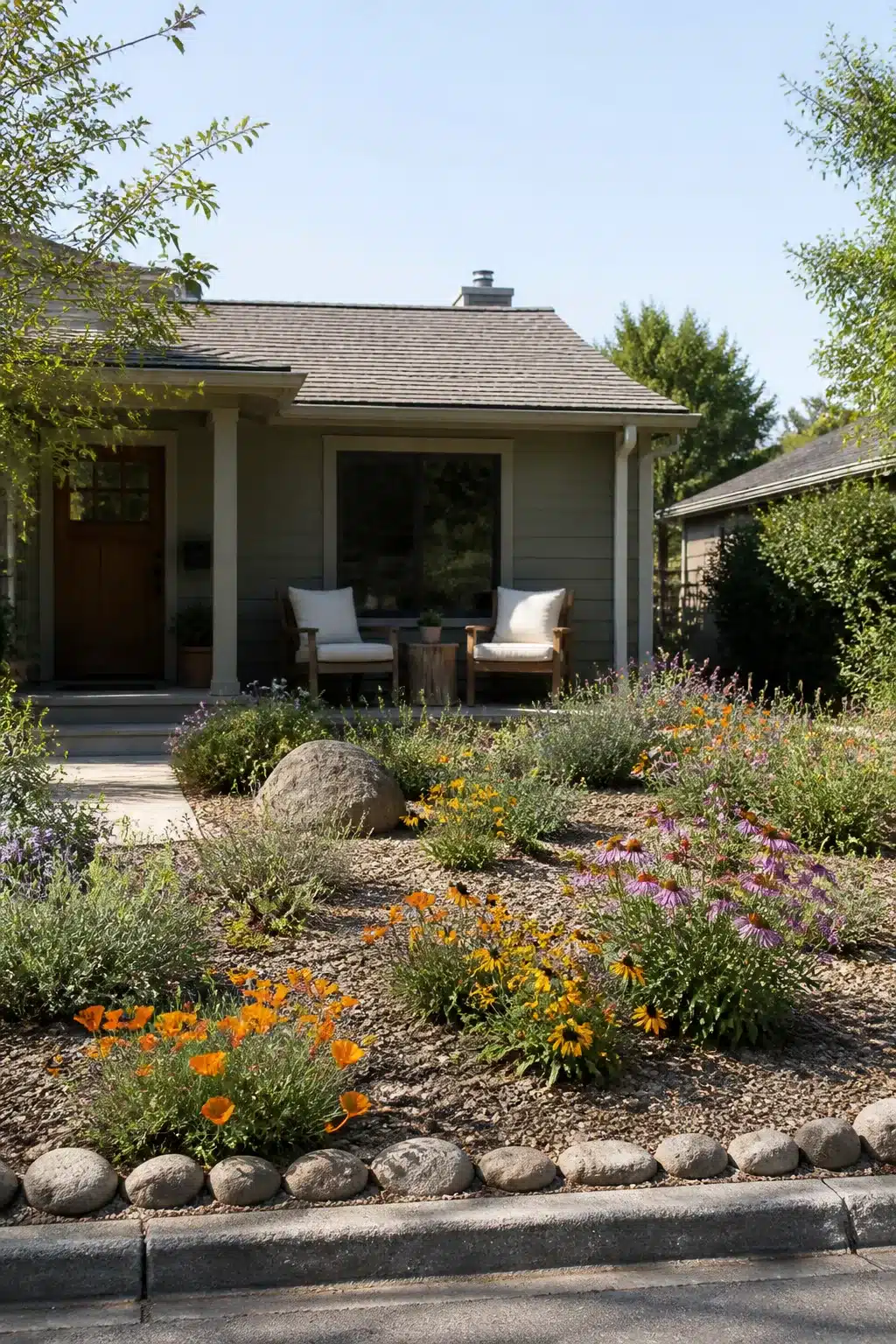 Xeriscape front yard with California poppies, purple coneflowers, gravel mulch, and river rock border edging.