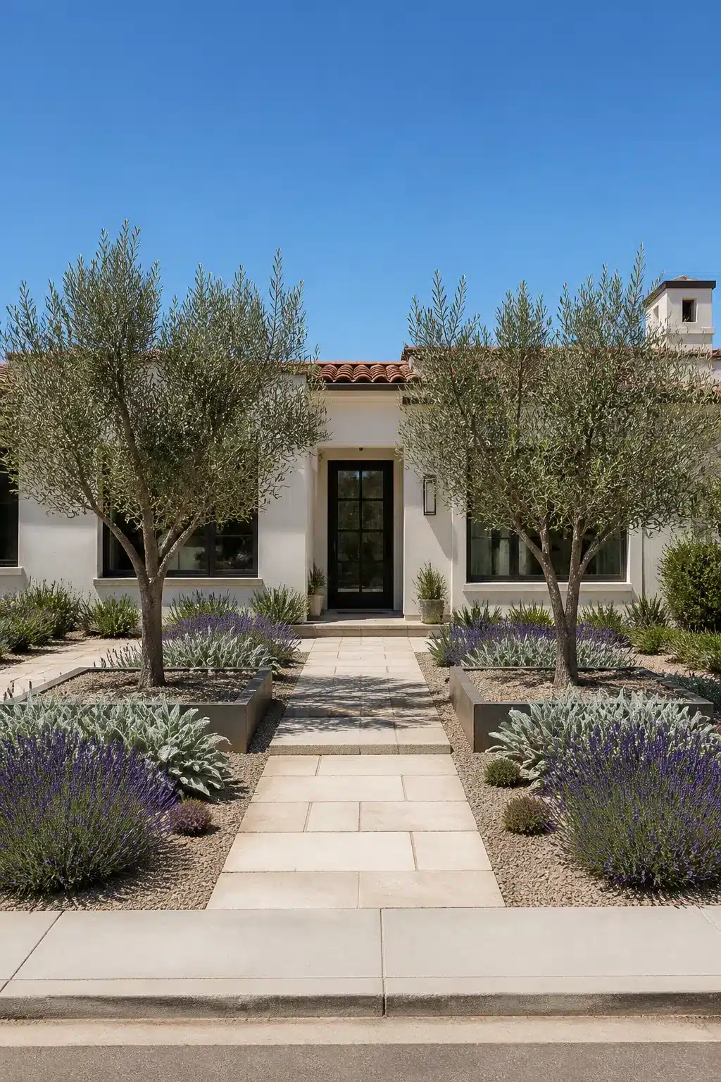Formal xeriscape front yard with olive trees, lavender, and limestone slab walkway on a drought-tolerant property.