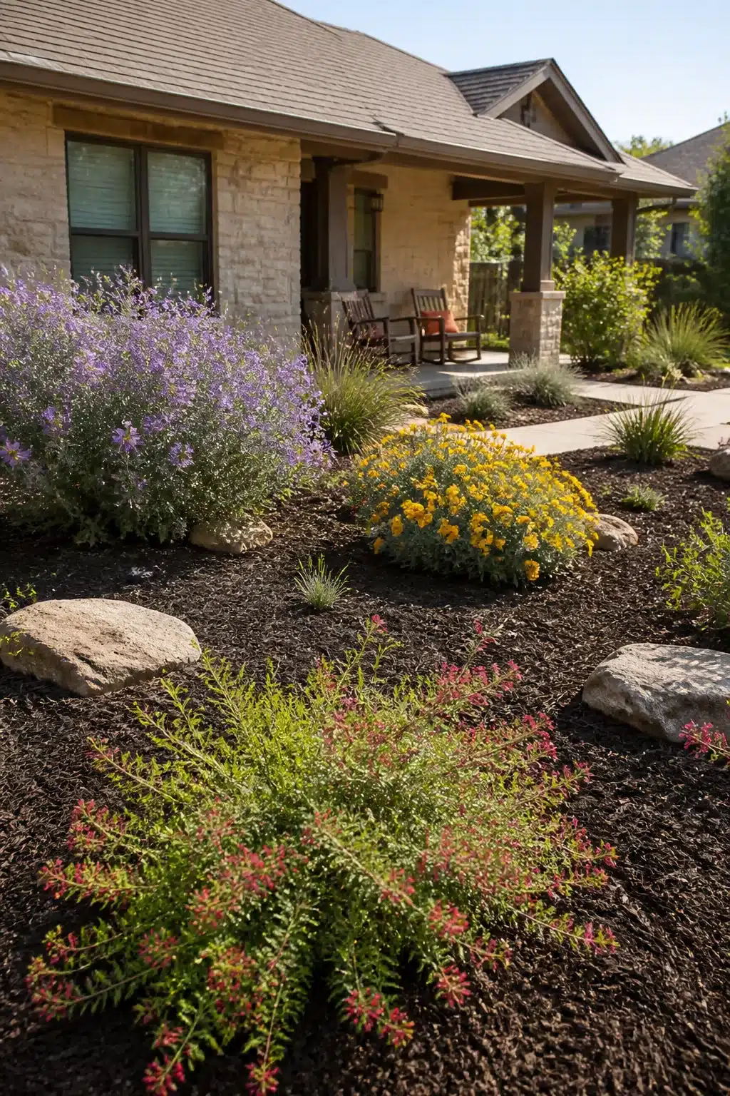 Xeriscape front yard with dark mulch, boulder accents, purple native shrubs and yellow drought-tolerant blooms
