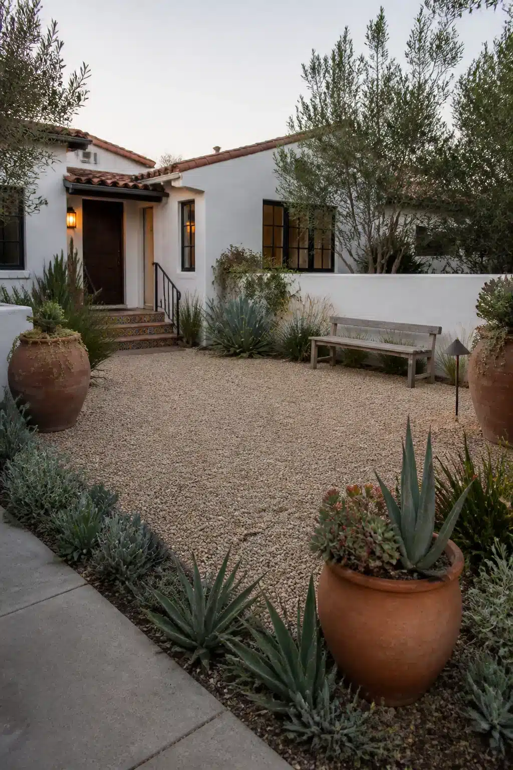 Terra cotta urns, agave, and pea gravel courtyard xeriscape front yard with drought-tolerant plants.