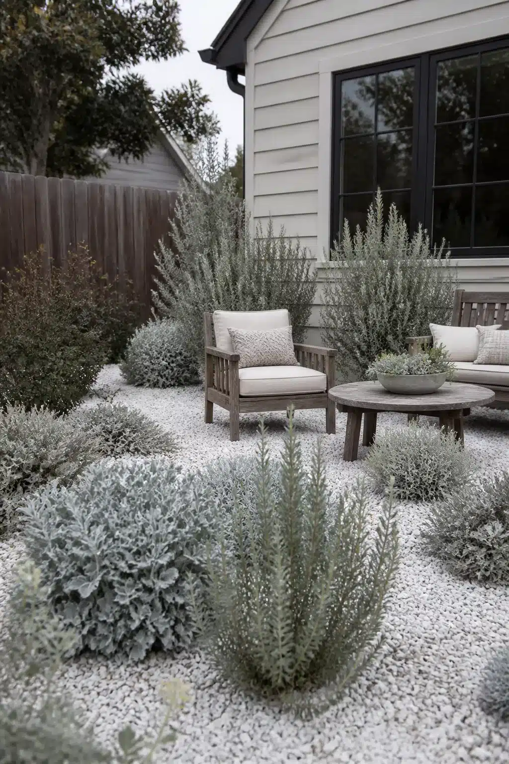 White gravel xeriscape front yard with silver foliage plants and weathered wood seating area