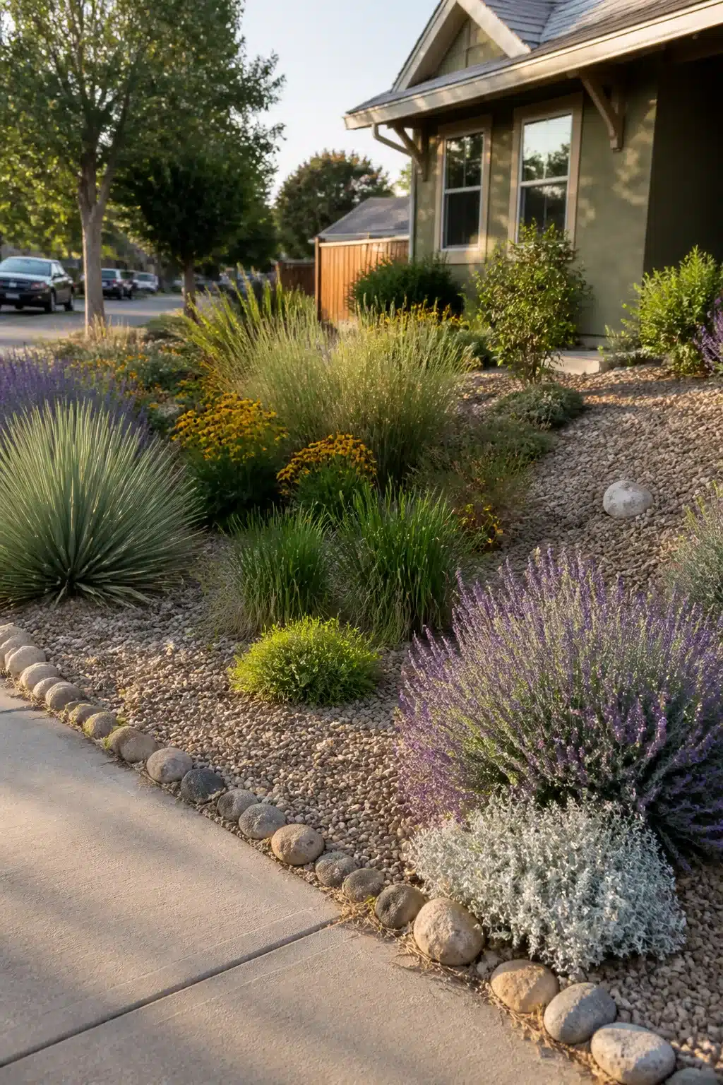 Xeriscape front yard with lavender, ornamental grasses, and pea gravel edged with river rocks