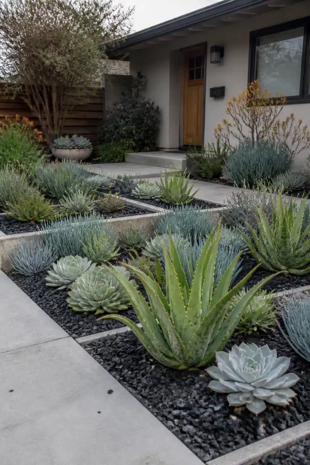 Xeriscape front yard with black gravel grid, aloe, echeveria, and blue senecio drought-tolerant plants.