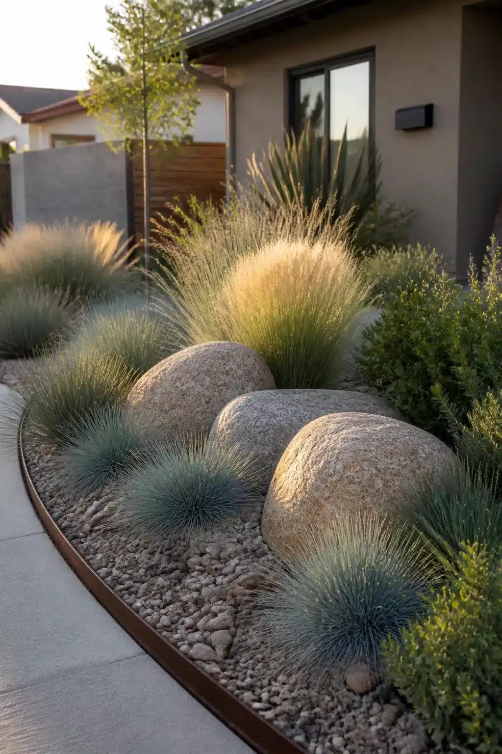 Xeriscape front yard with blue fescue, ornamental grasses, granite boulders, and gravel mulch border