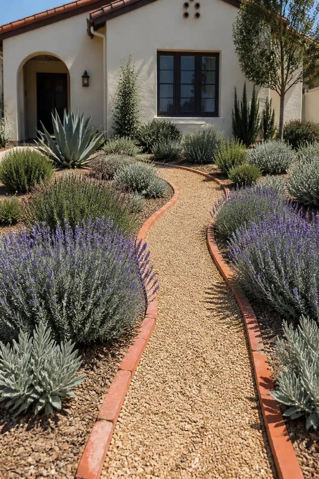 Mediterranean lavender and pea gravel xeriscape front yard with terra cotta path edging and drought-tolerant silver foliage plants.
